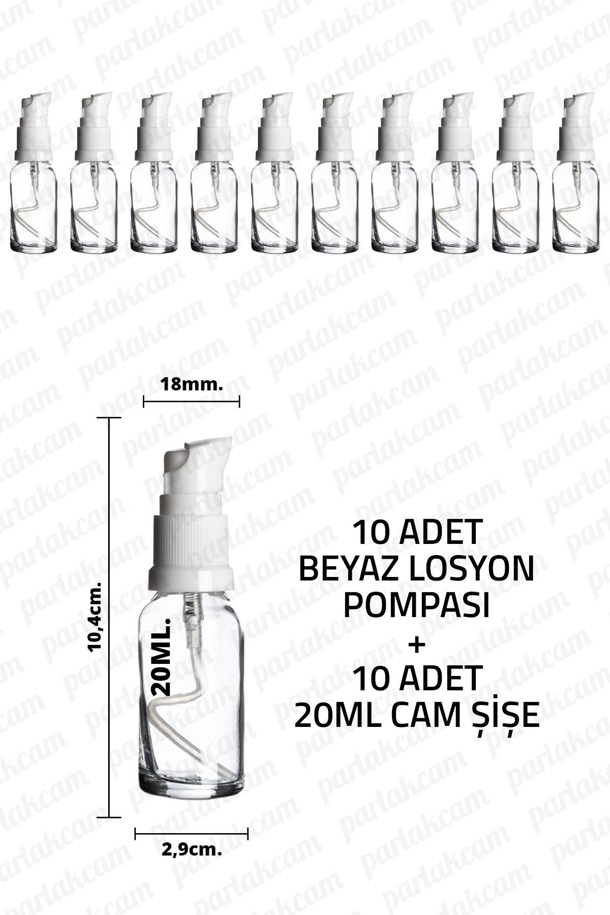 parlakcam 20ml Beyaz Losyon Pompası Şeffaf Cam Şişe 20cc Beyaz Krem Pompası Başlıklı Şeffaf Cam Şişe 10 Adet