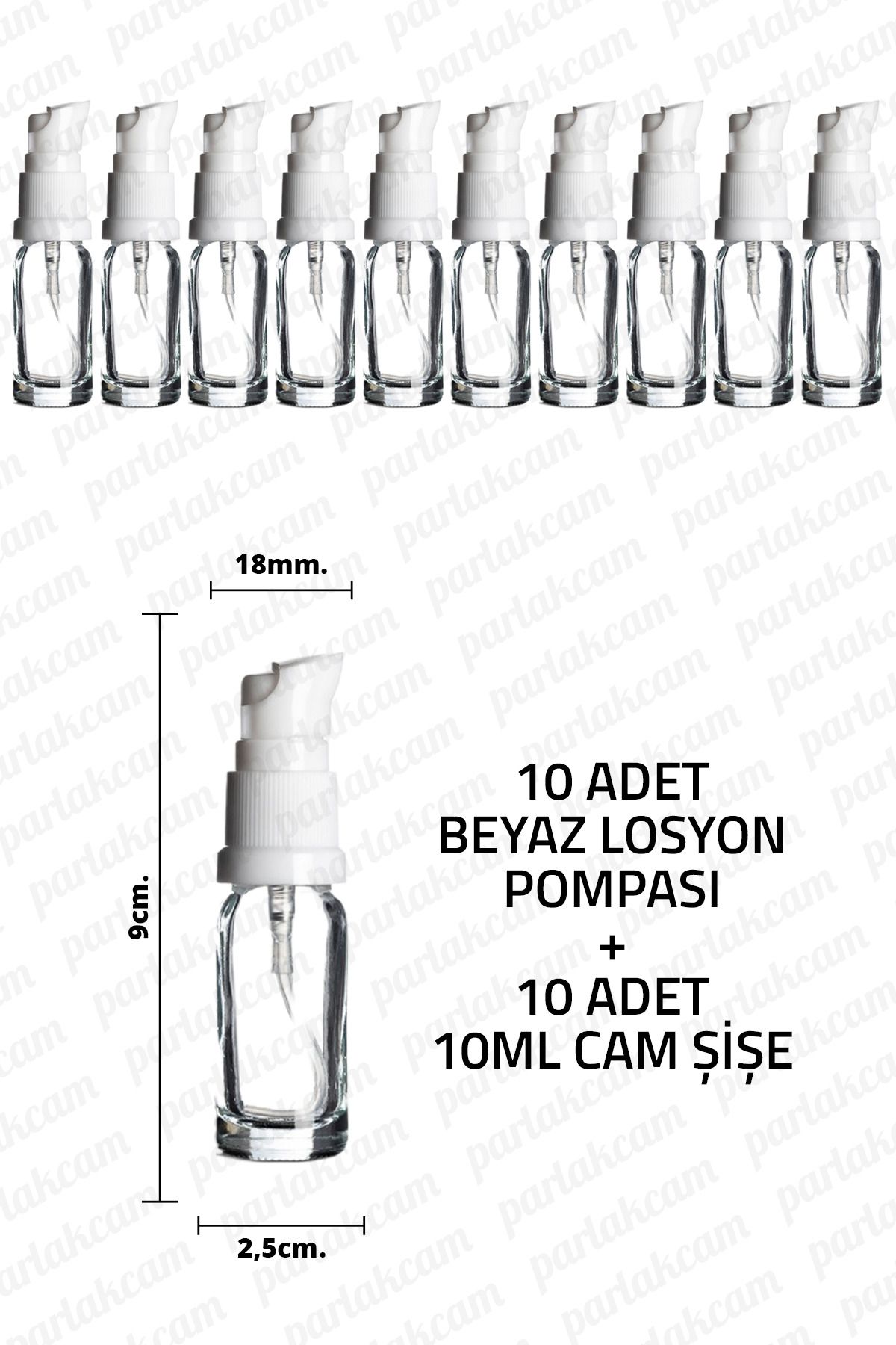 parlakcam 10ml Beyaz Losyon Pompası Şeffaf Cam Şişe 10cc Beyaz Krem Pompası Başlıklı Şeffaf Cam Şişe 10 Adet