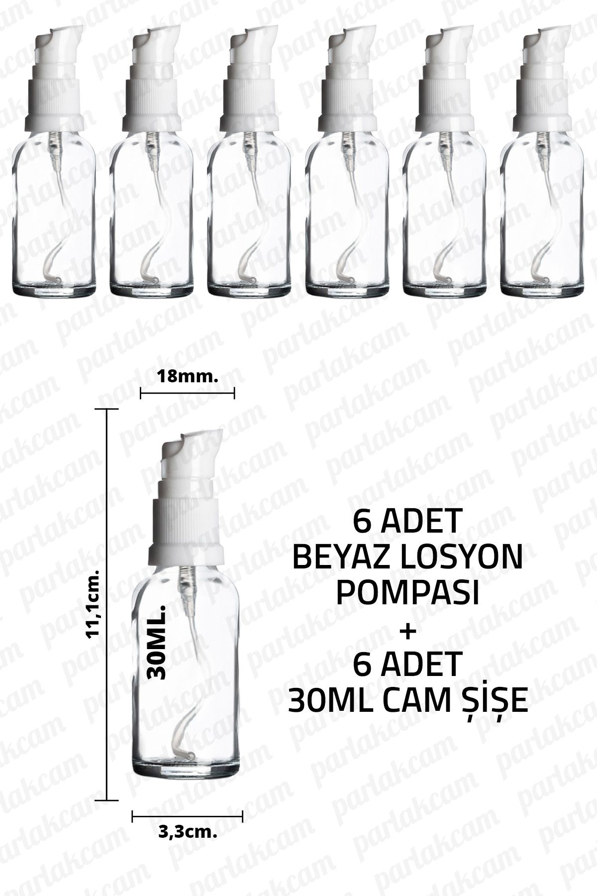 parlakcam 30ml Beyaz Losyon Pompası Şeffaf Cam Şişe 30cc Beyaz Krem Pompası Başlıklı Şeffaf Cam Şişe 6 Adet