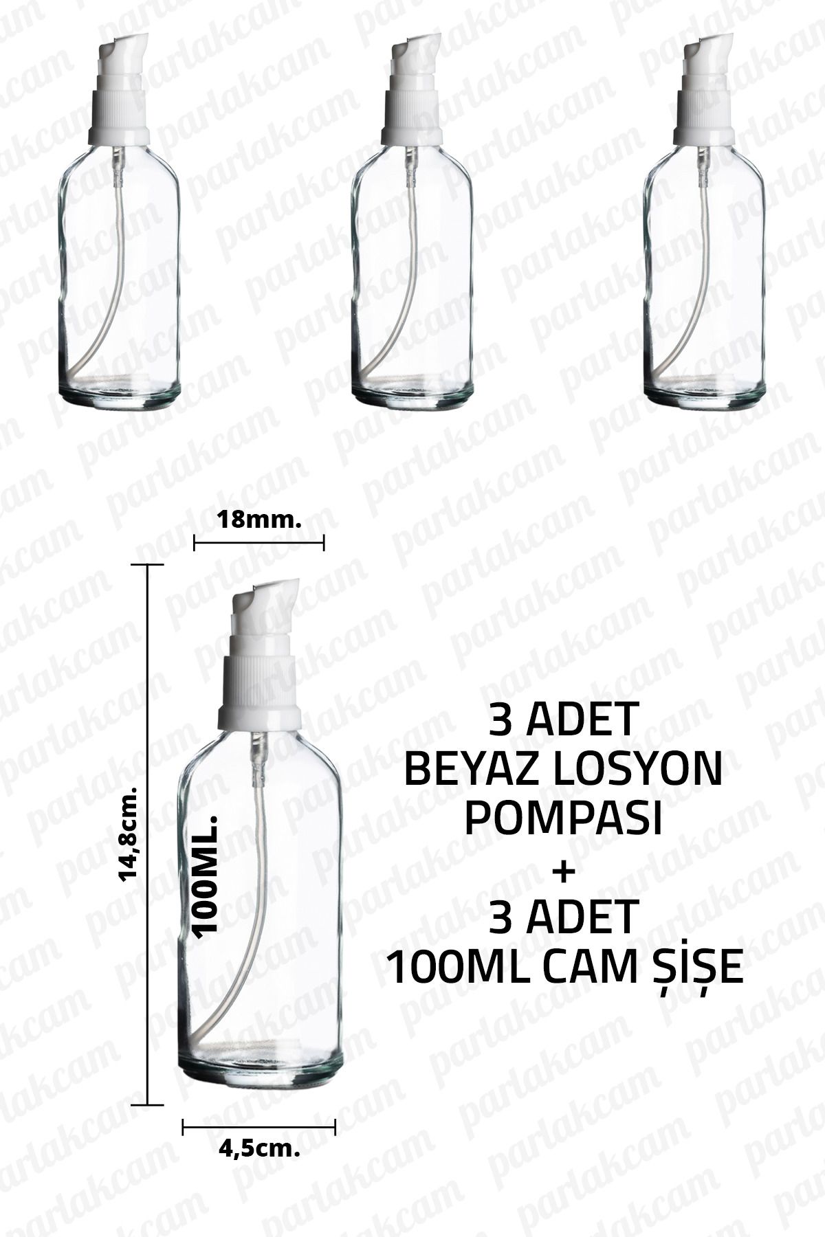 parlakcam 100ml Beyaz Losyon Pompası Şeffaf Cam Şişe 100cc Beyaz Krem Pompası Başlıklı Şeffaf Cam Şişe 3 Adet