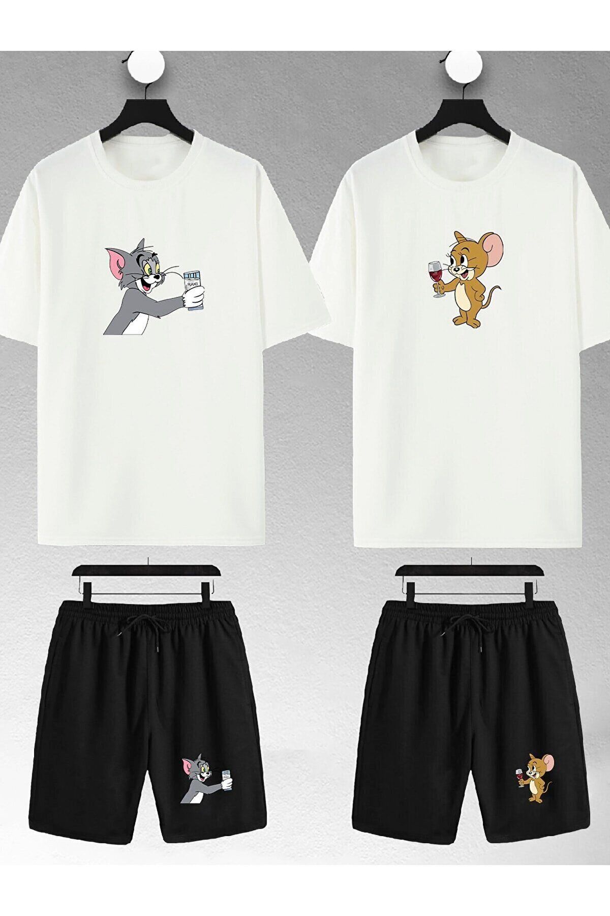 Descario Unisex Tom Ve Jerry Baskılı Sevgili Çift Kombini Oversize Tshirt Ve Şort