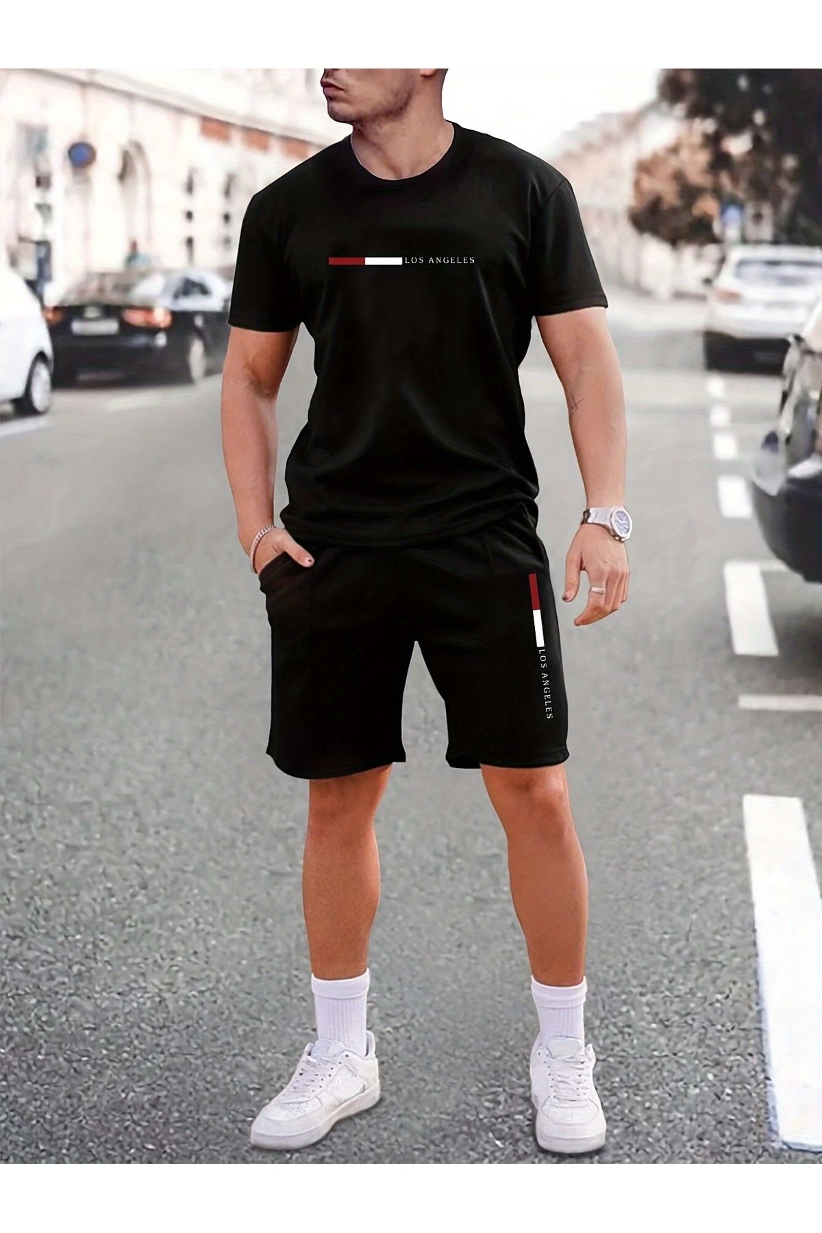 QWIM - Erkek Siyah Oversize Beyaz Los Angeles Baskılı Bisiklet Yaka Kısa Kollu T-shirt Şort Takımı