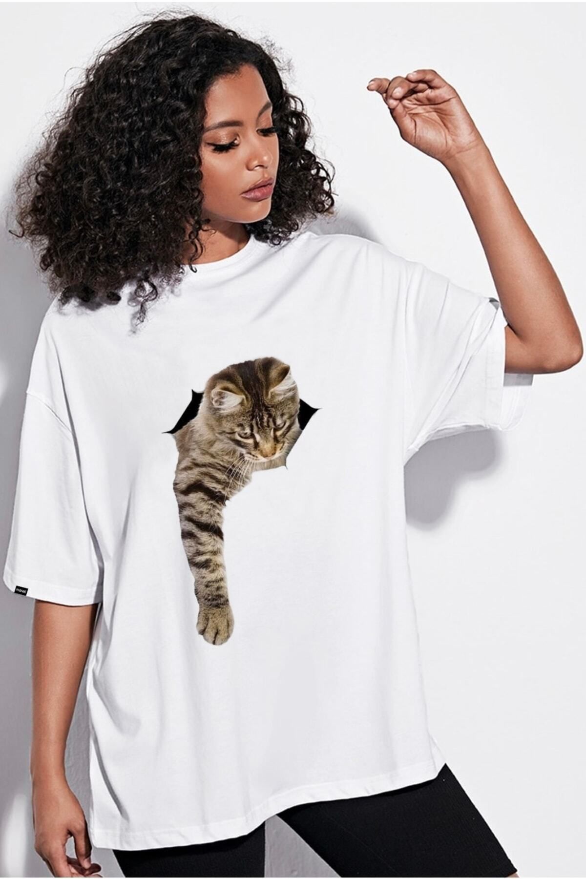H&GHAMLEGİYİM - Unisex Beyaz 3d Yavru Kedi Görselli T-shirt