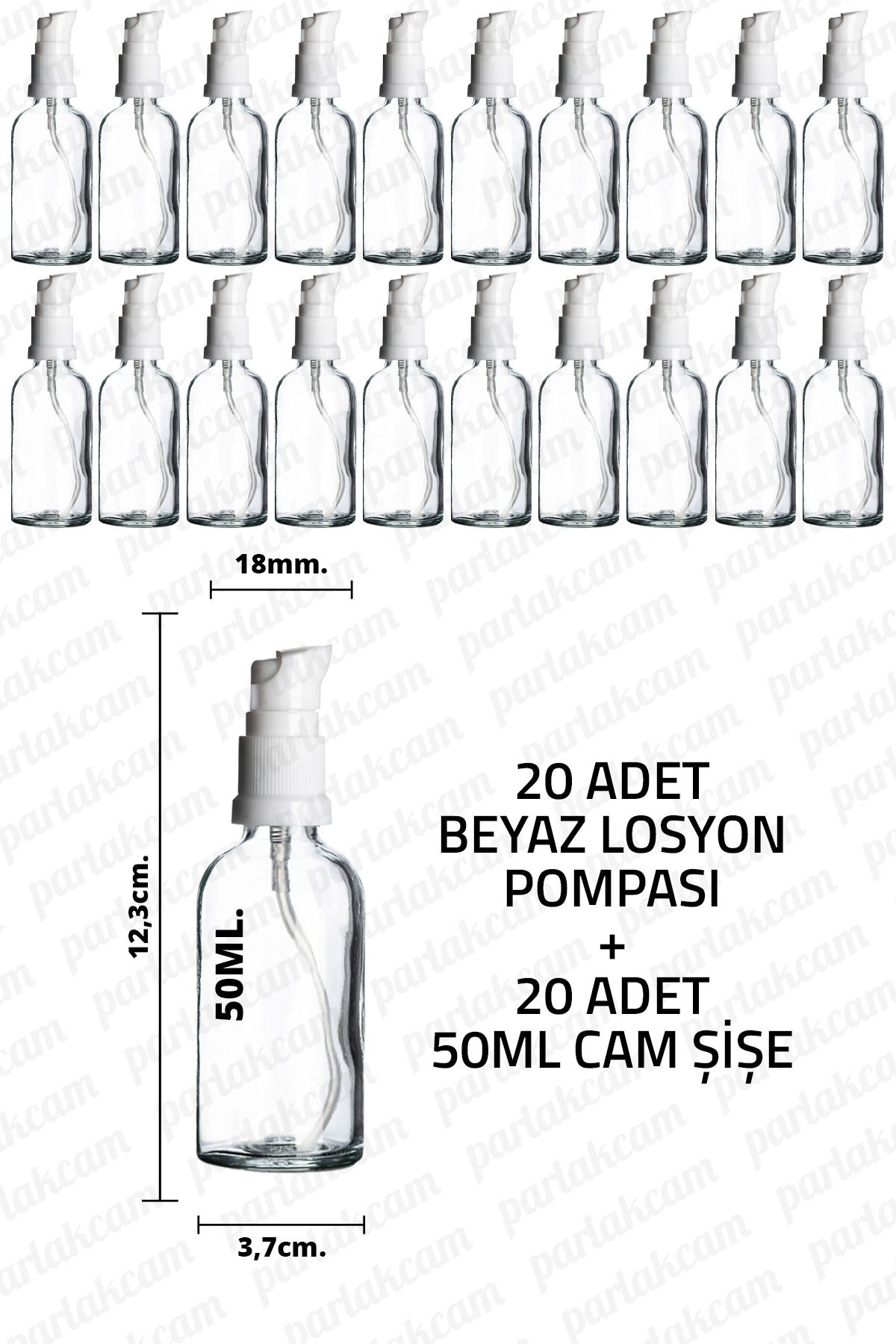 parlakcam 50ml Beyaz Losyon Pompası Şeffaf Cam Şişe 50cc Beyaz Krem Pompası Başlıklı Şeffaf Cam Şişe 20 Adet