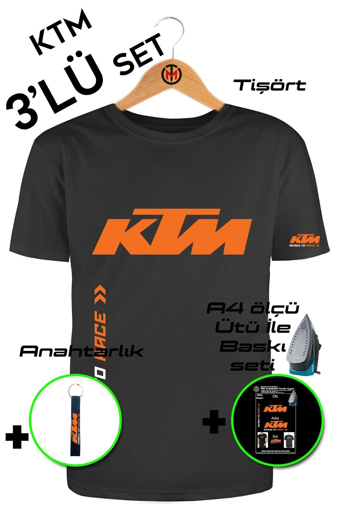 Pisa Art 3'lü Set Ktm Racing Unisex Tişört-anahtarlık-a4 Tekstil Baskı Seti