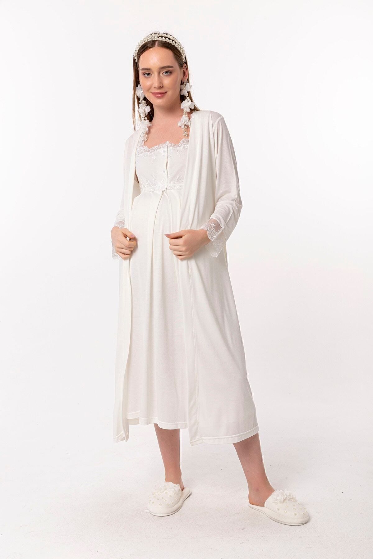 ByLohusa Effortt Ekru Sabahlıklı Hamile Lohusa Gecelik Takım fotoğrafı 2 (önizleme)