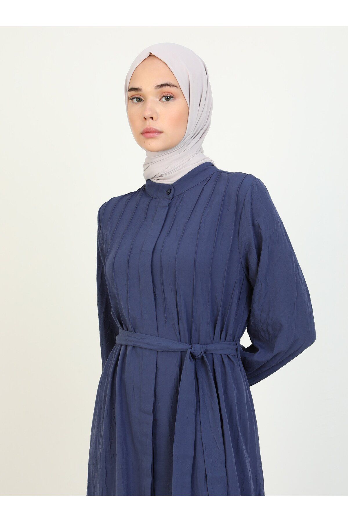 Refka-Granite Colored Rib Detailed High Collar Hijab Dress - Refka 4