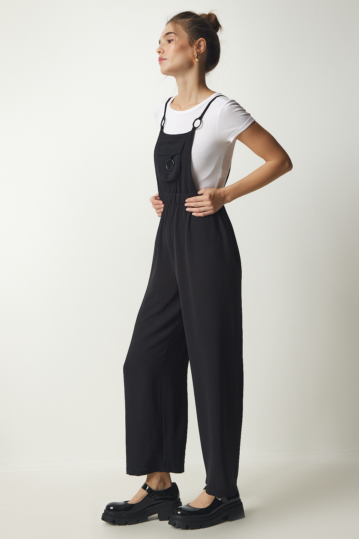 Ring Detailed Gardener Jumpsuit Black Ldd0096