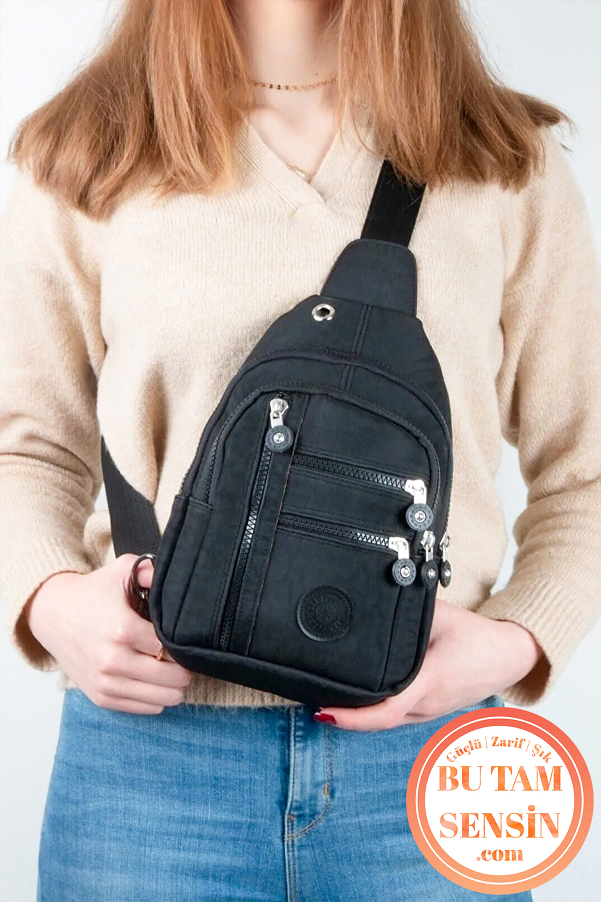 Bu Tam Sensin  Siyah Unisex Su Geçirmez Krinkıl Kumaşlı Fermuarlı 5 Bölmeli Çapraz Body Bag Vücut Çantası - Görsel 3