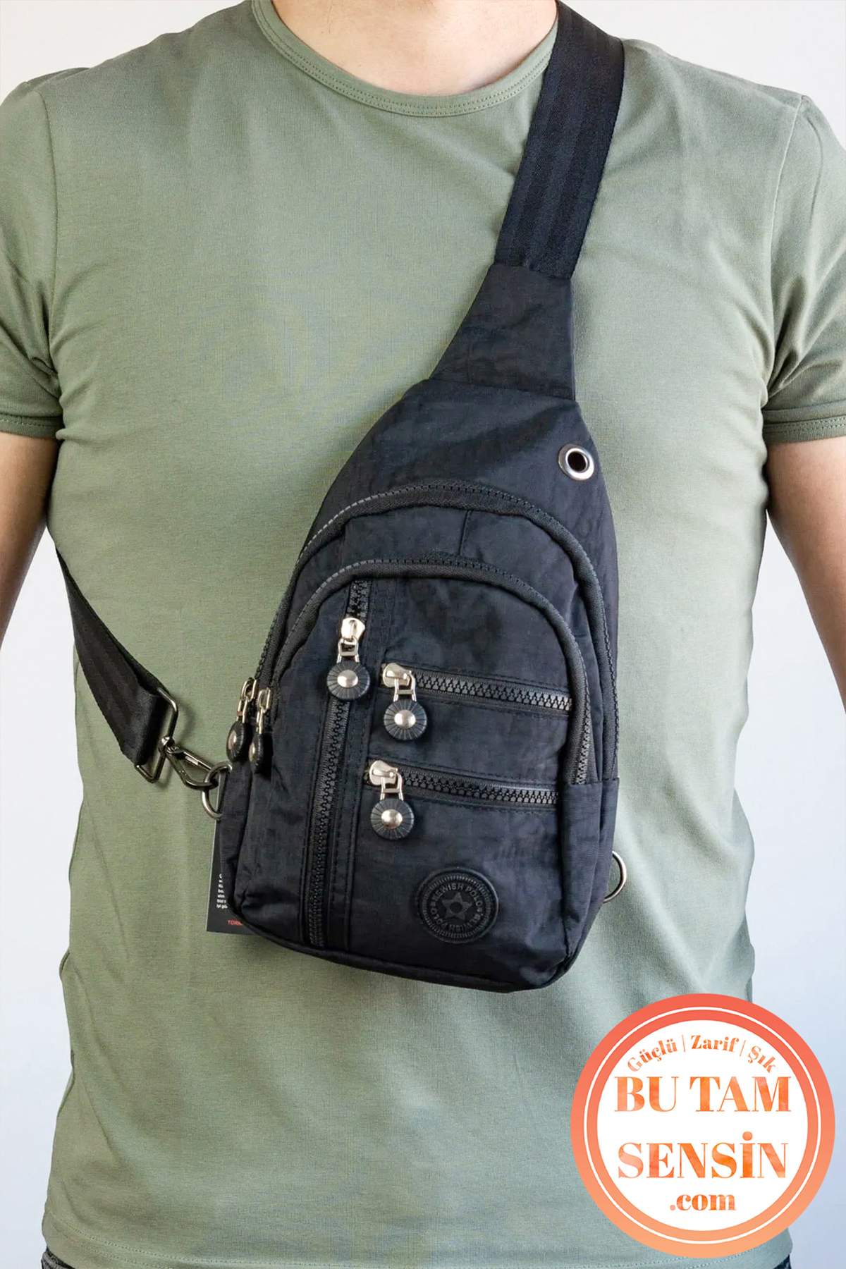 Bu Tam Sensin  Siyah Unisex Su Geçirmez Krinkıl Kumaşlı Fermuarlı 5 Bölmeli Çapraz Body Bag Vücut Çantası - Görsel 5