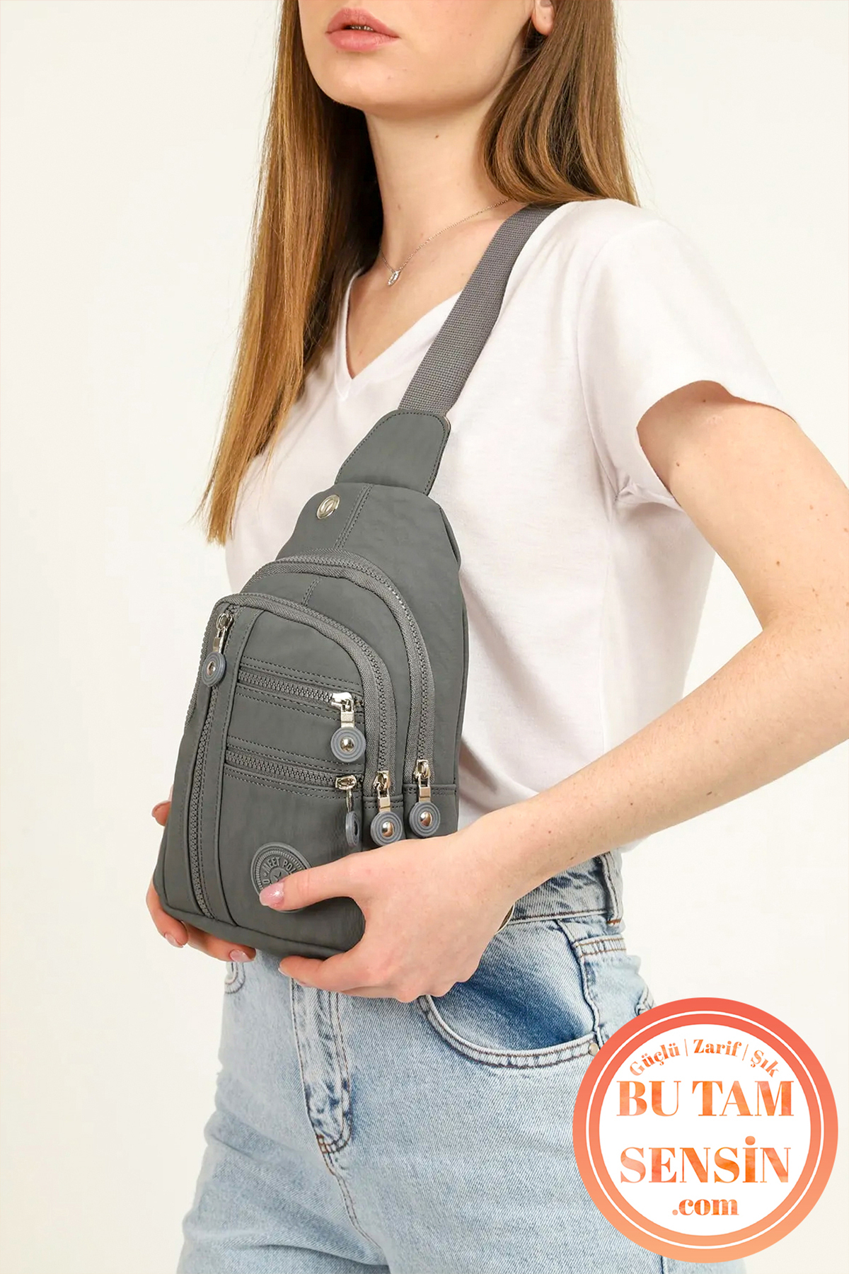 Bu Tam Sensin  Gri Unisex Su Geçirmez Krinkıl Kumaşlı Fermuarlı 5 Bölmeli Çapraz Body Bag Vücut Çantası - Görsel 5