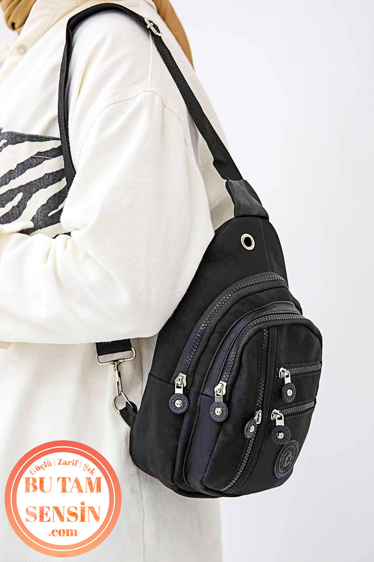 Bu Tam Sensin  Siyah Unisex Su Geçirmez Krinkıl Kumaşlı Fermuarlı 5 Bölmeli Çapraz Body Bag Vücut Çantası - Görsel 6