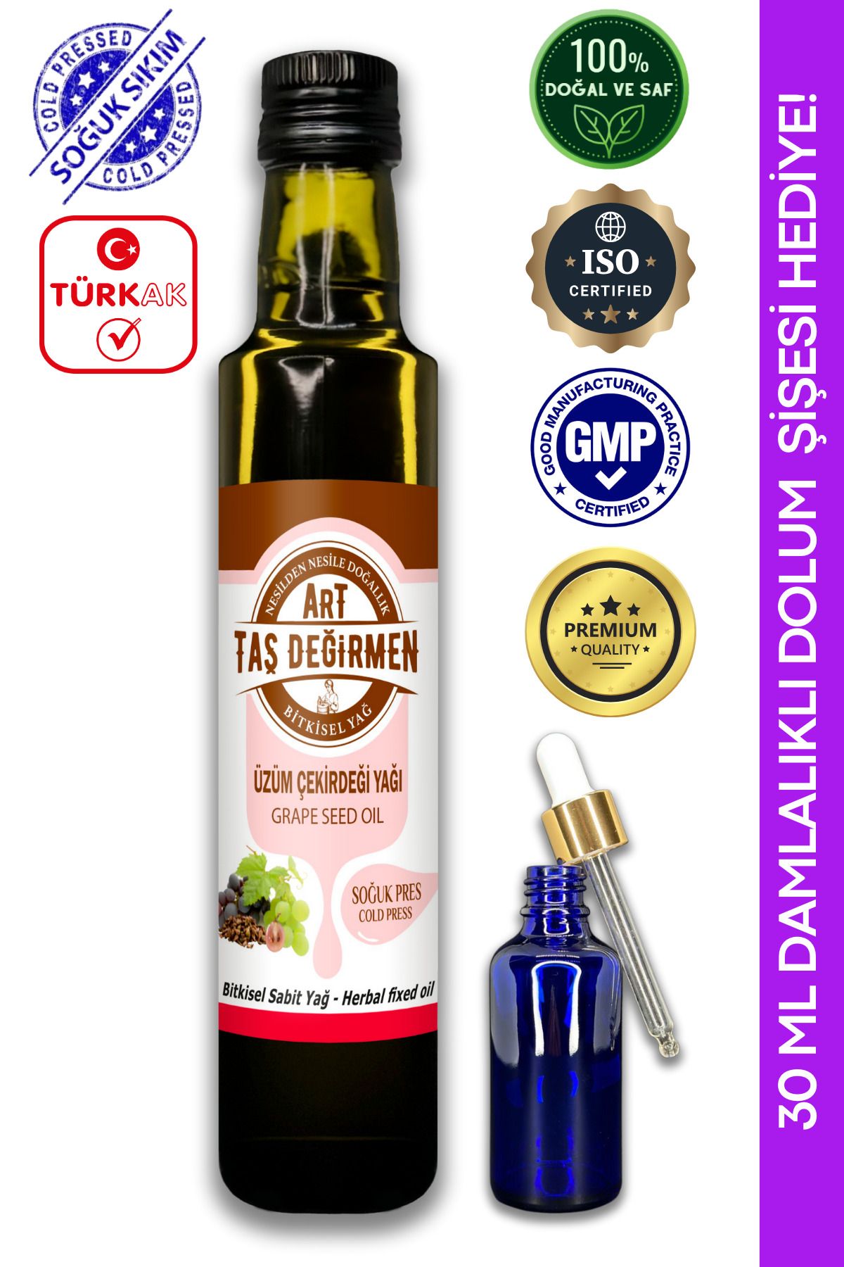 Art Taş Değirmen Soğuk Sıkım %100 Saf Doğal Üzüm Çekirdeği Yağı 250 ml (30ML DOLUM ŞİŞESİ HEDİYE)