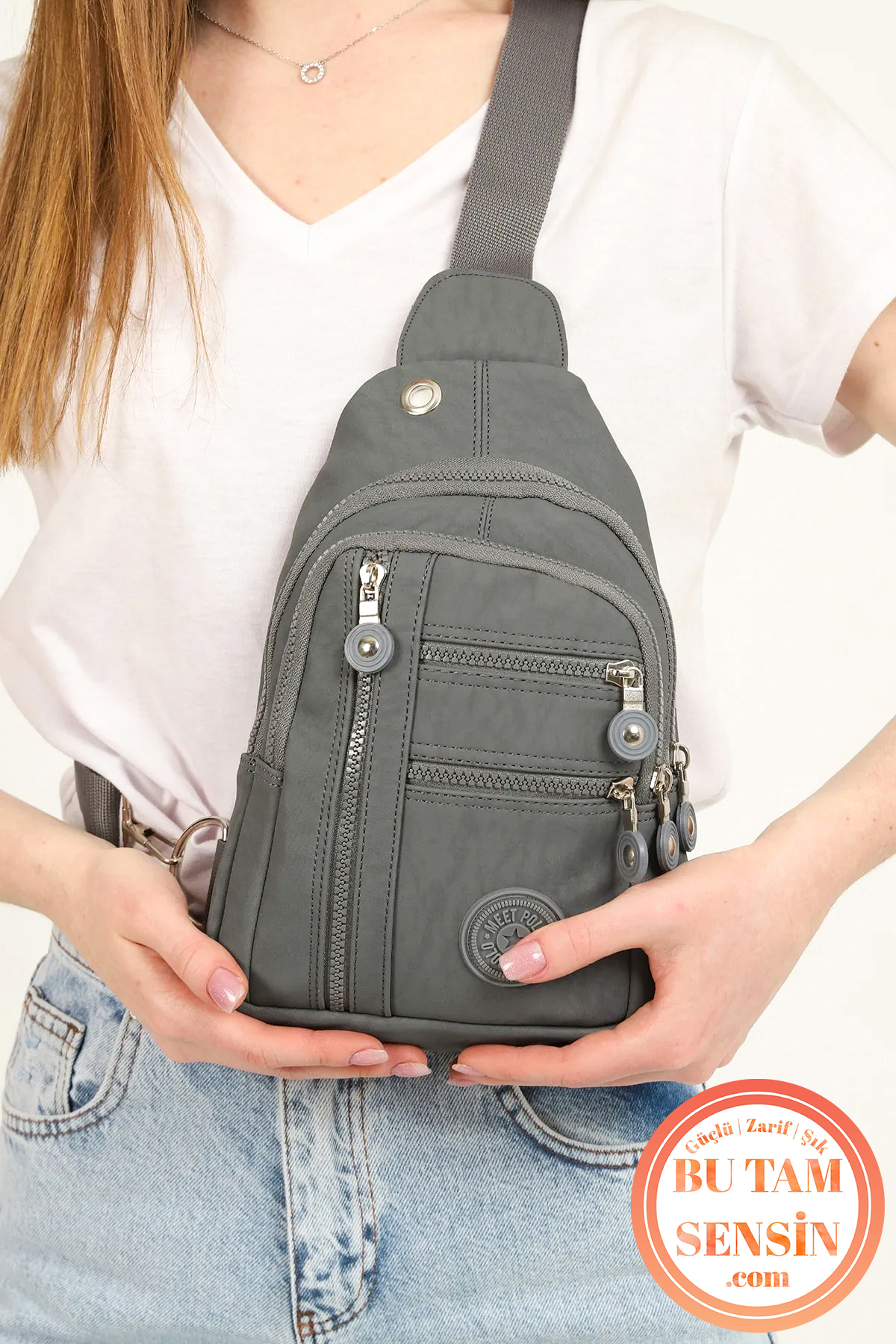 Bu Tam Sensin  Gri Unisex Su Geçirmez Krinkıl Kumaşlı Fermuarlı 5 Bölmeli Çapraz Body Bag Vücut Çantası - Görsel 7