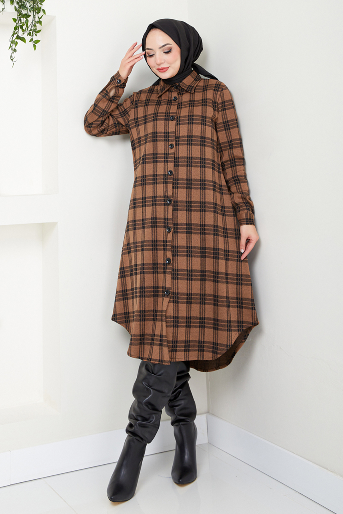 ModaMerve-Plaid Patterned Shirt Collar Tunic - Tan 2003Brz981-M 1