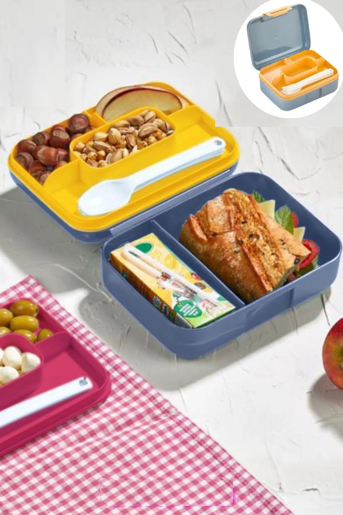 Ovebu Meyve Suyu Bölmeli - Tabaklı Beslenme Kabı Diyet Kabı -Çatal Bıçak Kaşık Dahildir