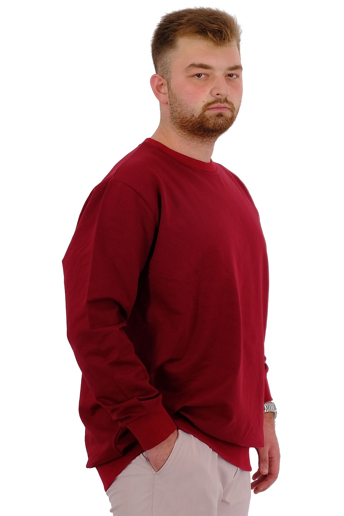 ModeXL Mode XL Büyük Beden Erkek Bisiklet Yaka Basic Sweatshirt U24174 Bordo görsel 3