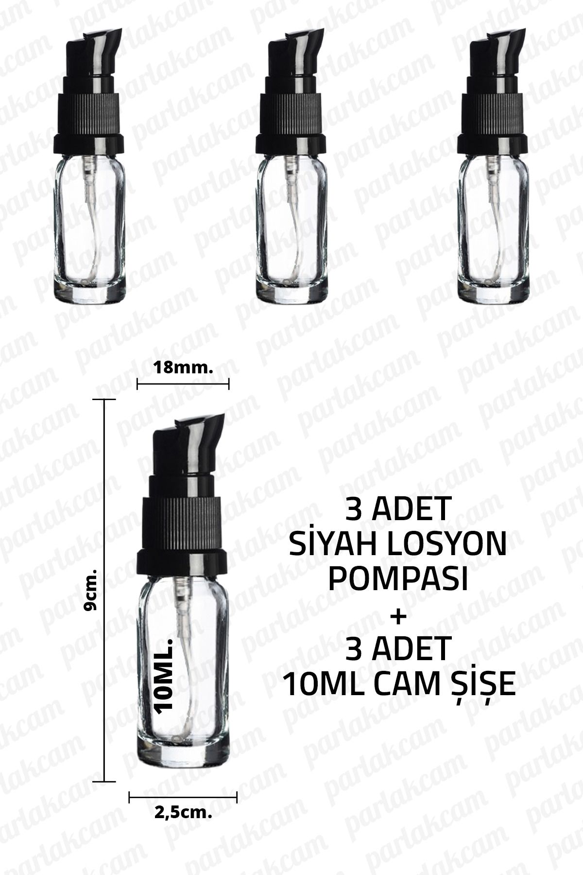 parlakcam 10ml Siyah Losyon Pompası Şeffaf Cam Şişe 10cc Siyah Krem Pompası Başlıklı Şeffaf Cam Şişe 3 Adet