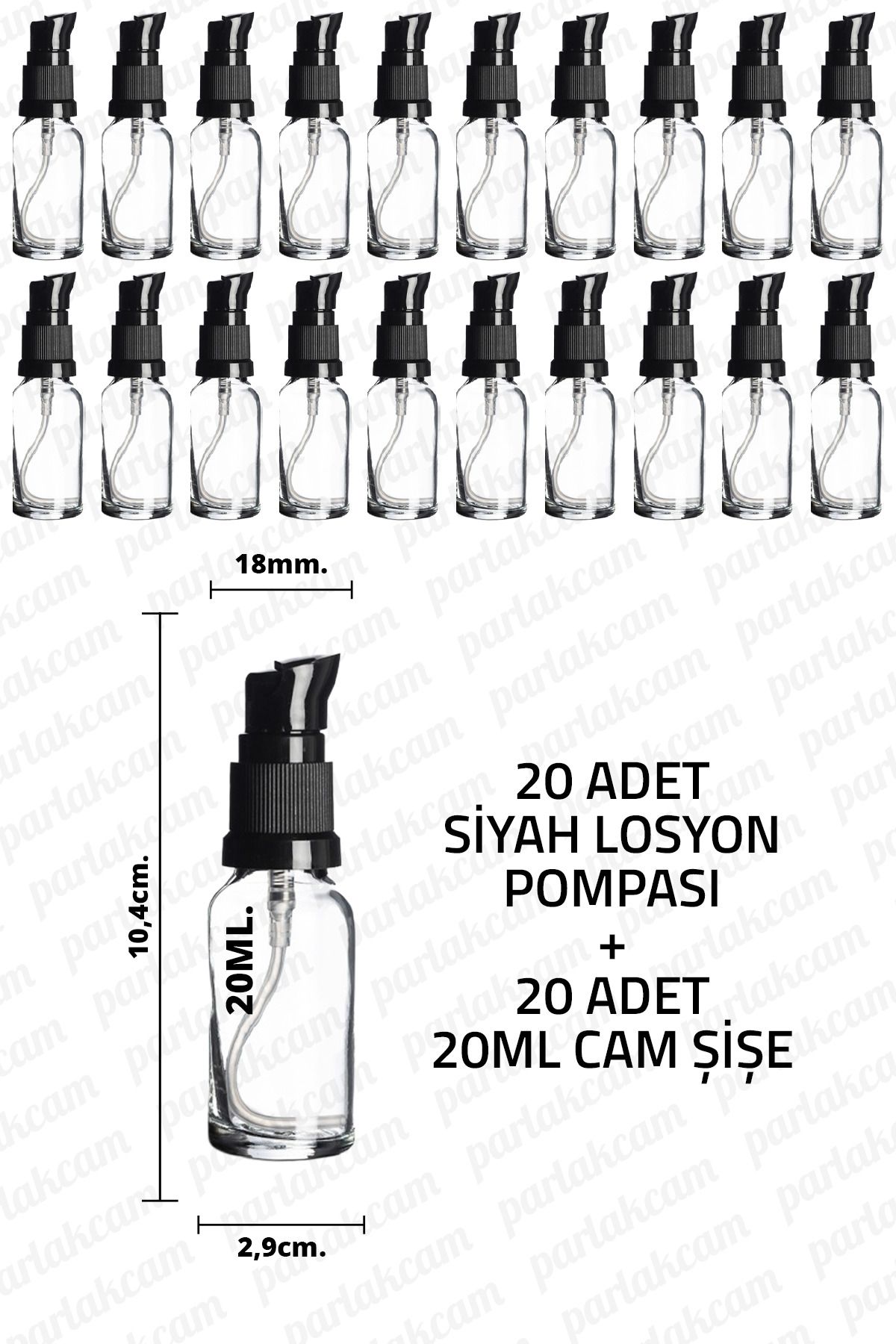 parlakcam 20ml Siyah Losyon Pompası Şeffaf Cam Şişe 20cc Siyah Krem Pompası Başlıklı Şeffaf Cam Şişe 20 Adet