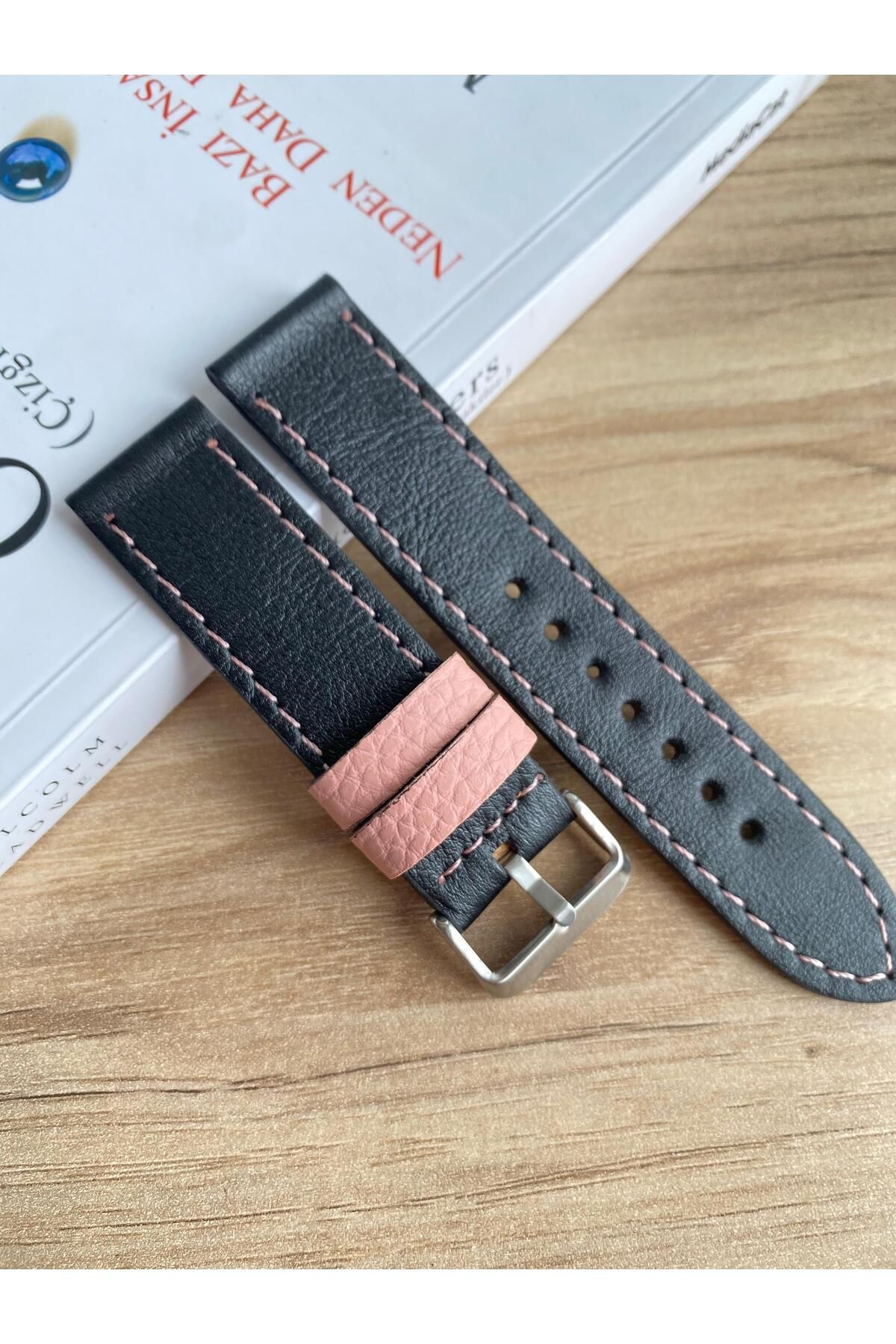 Prizma-22mm Plain Black Genuine Leather Watch Band. Pink Design. 1