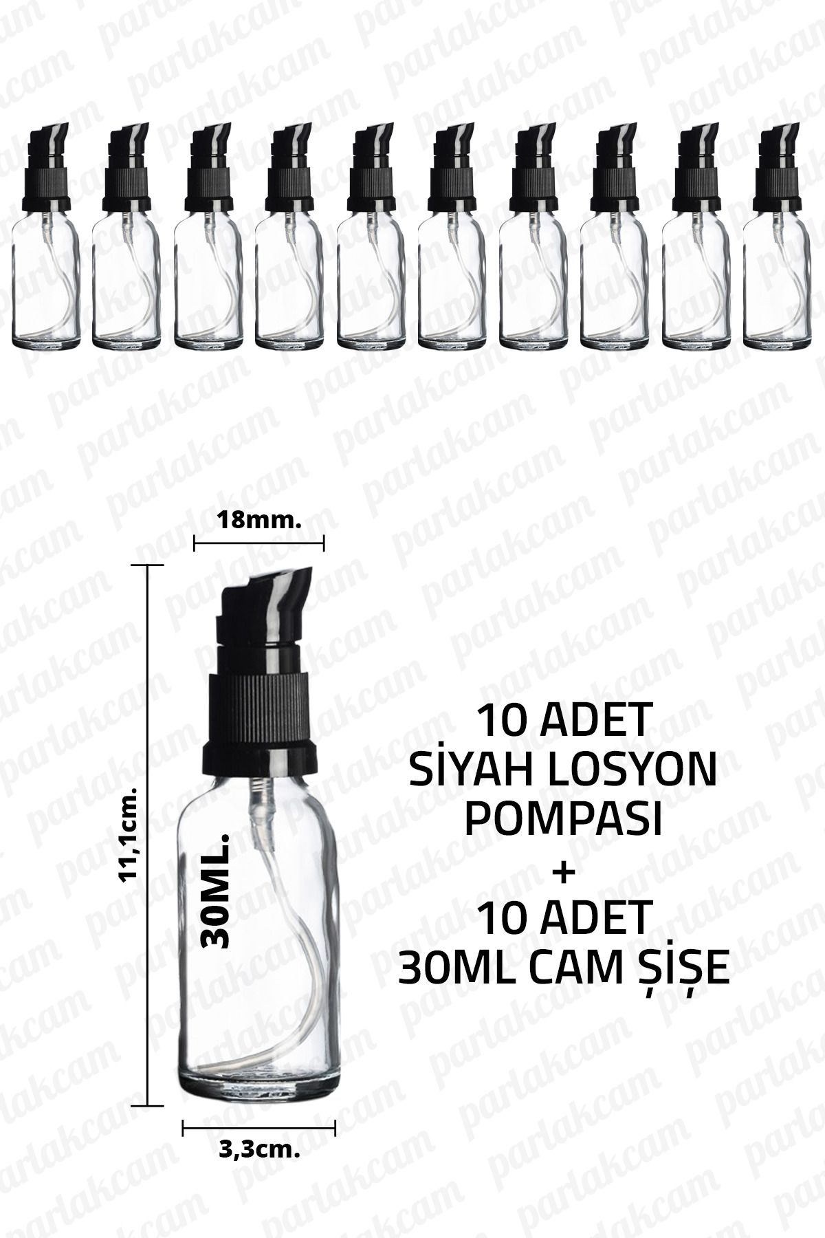 parlakcam 30ml Siyah Losyon Pompası Şeffaf Cam Şişe 30cc Siyah Krem Pompası Başlıklı Şeffaf Cam Şişe 10 Adet