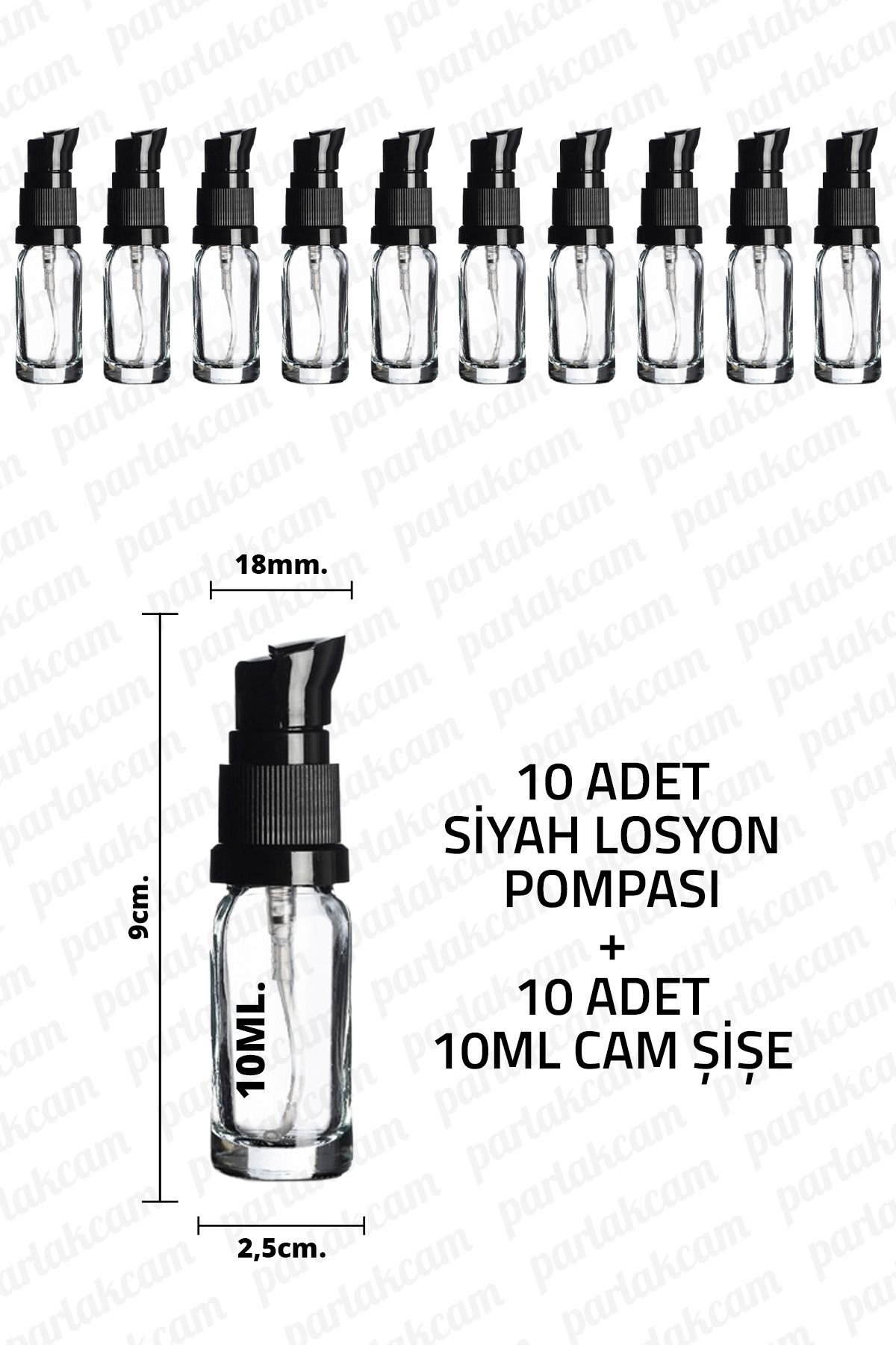 parlakcam 10ml Siyah Losyon Pompası Şeffaf Cam Şişe 10cc Siyah Krem Pompası Başlıklı Şeffaf Cam Şişe 10 Adet