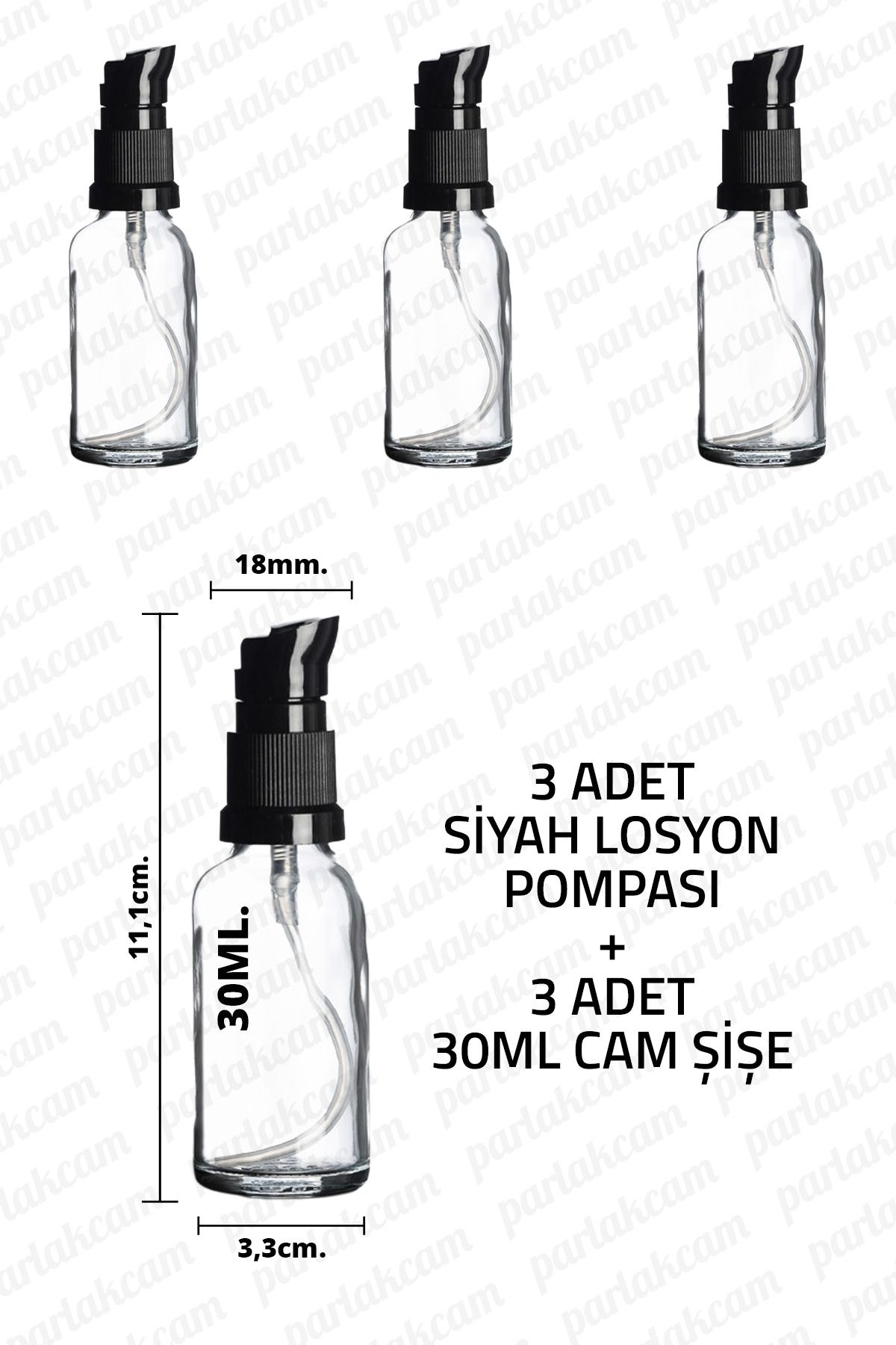 parlakcam 30ml Siyah Losyon Pompası Şeffaf Cam Şişe 30cc Siyah Krem Pompası Başlıklı Şeffaf Cam Şişe 3 Adet