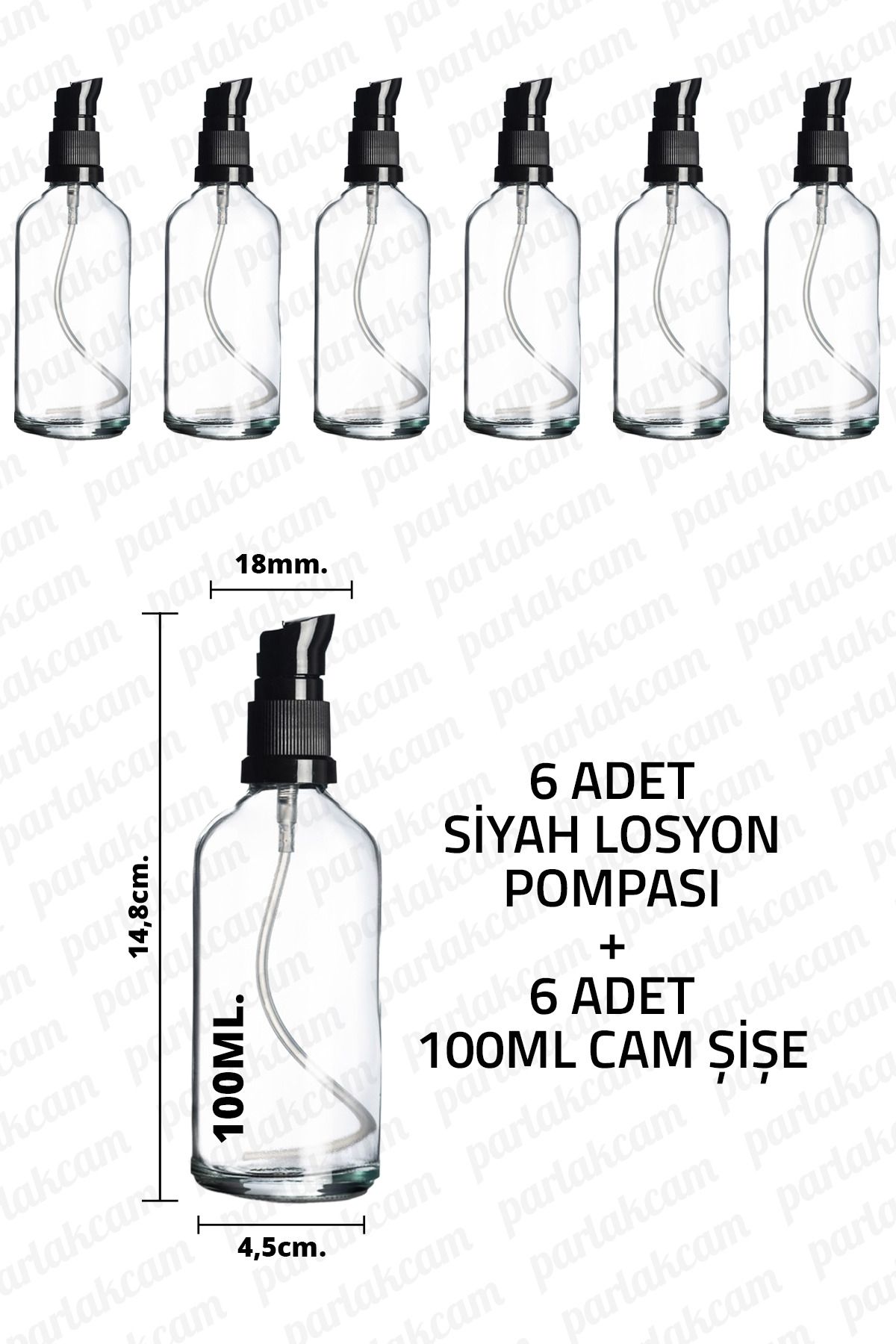 parlakcam 100ml Siyah Losyon Pompası Şeffaf Cam Şişe 100cc Siyah Krem Pompası Başlıklı Şeffaf Cam Şişe 6 Adet