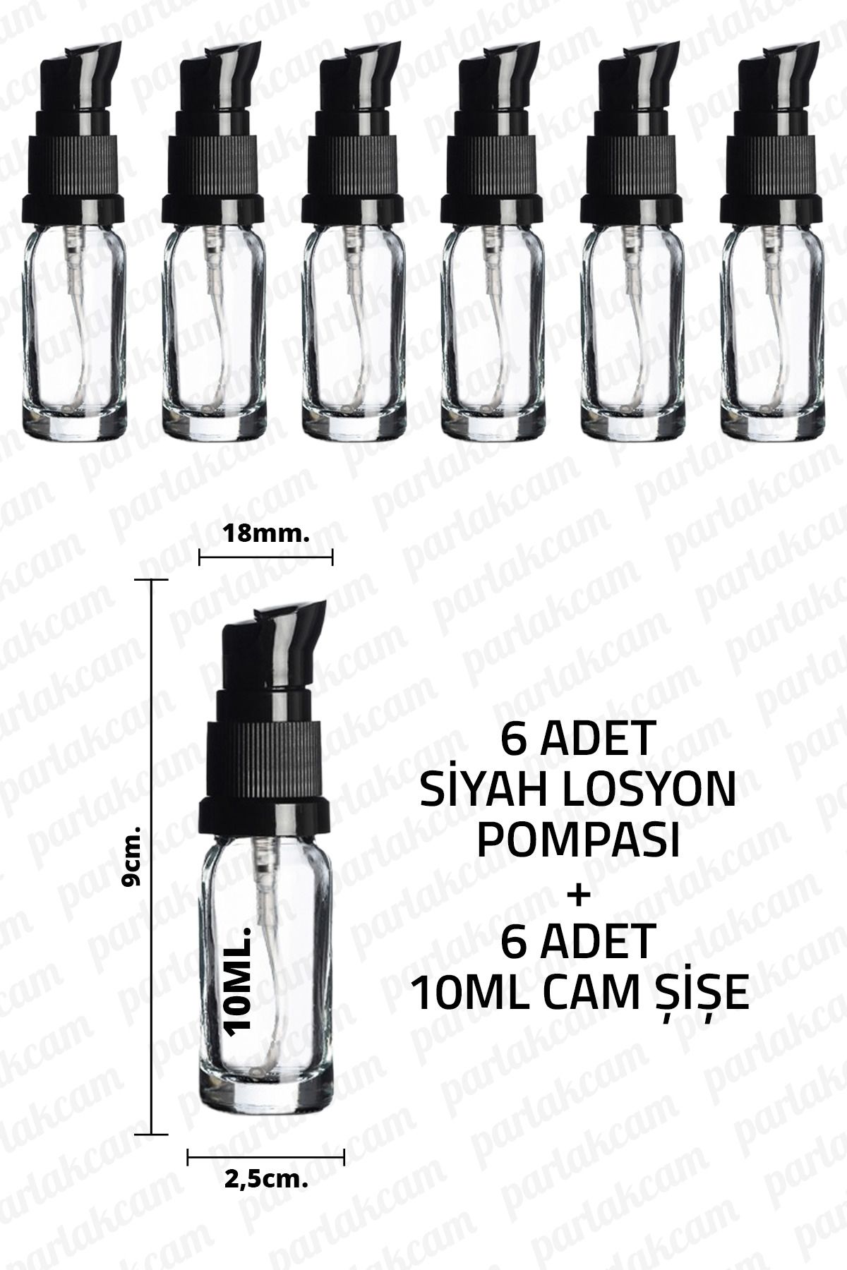 parlakcam 10ml Siyah Losyon Pompası Şeffaf Cam Şişe 10cc Siyah Krem Pompası Başlıklı Şeffaf Cam Şişe 6 Adet