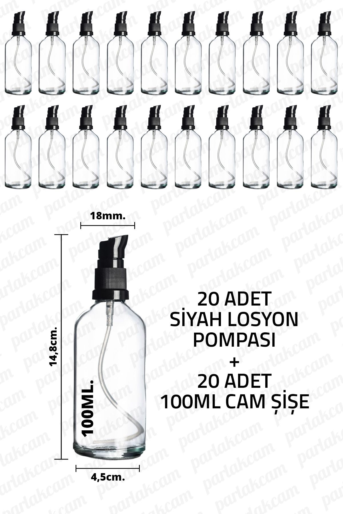 parlakcam 100ml Siyah Losyon Pompası Şeffaf Cam Şişe 100cc Siyah Krem Pompası Başlıklı Şeffaf Cam Şişe 20 Adet