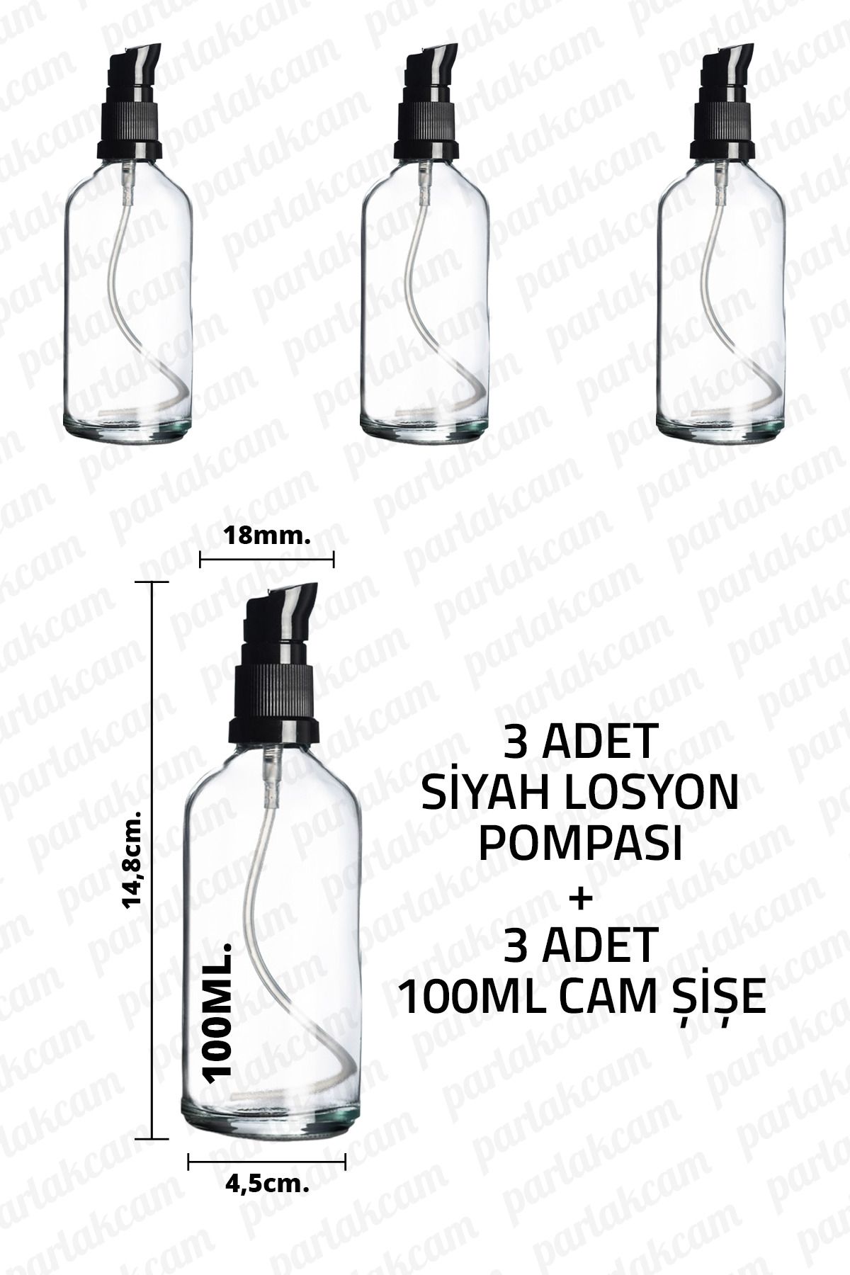 parlakcam 100ml Siyah Losyon Pompası Şeffaf Cam Şişe 100cc Siyah Krem Pompası Başlıklı Şeffaf Cam Şişe 3 Adet