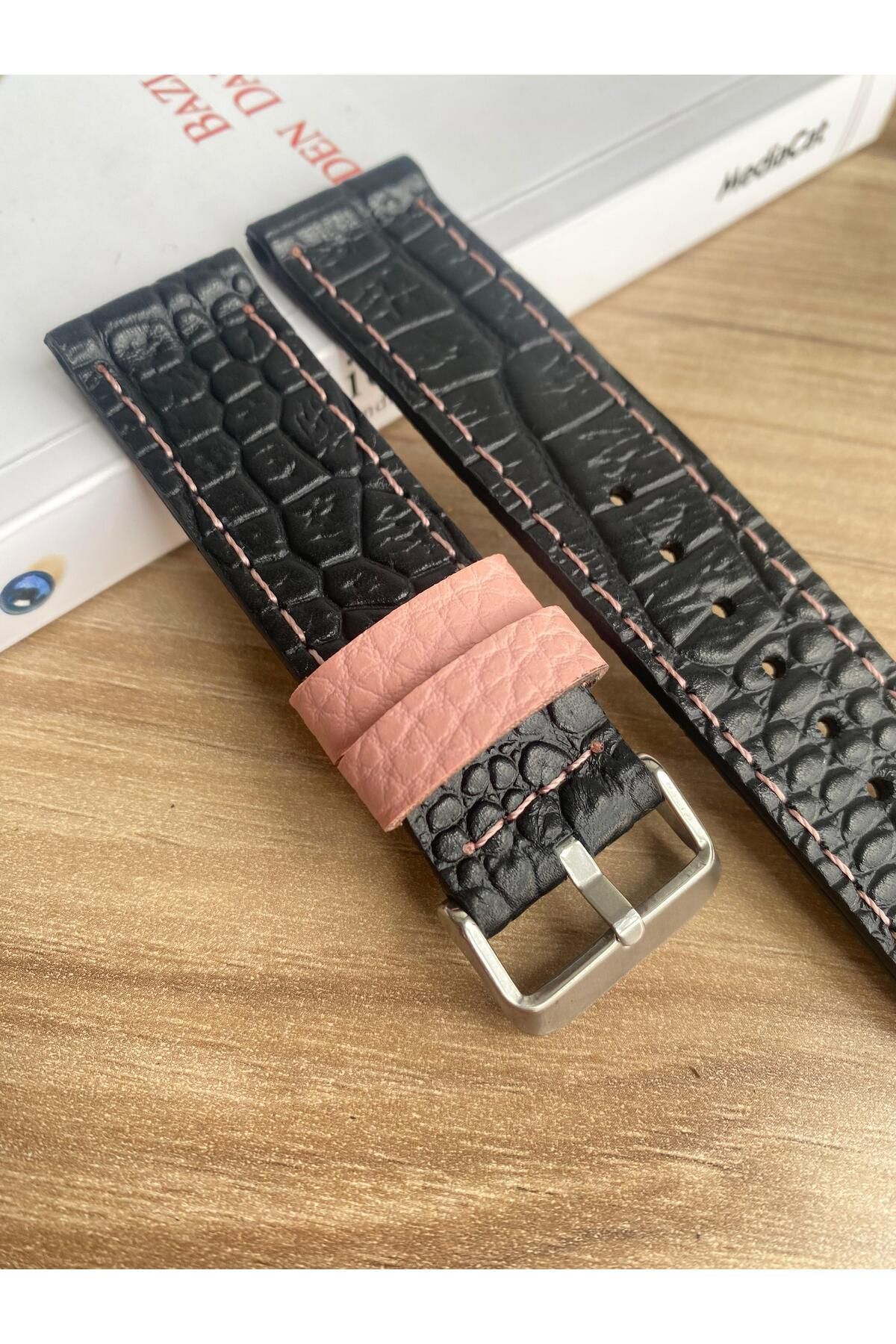 Prizma-22mm Black Croco Genuine Leather Watch Band. Pink Design. 3