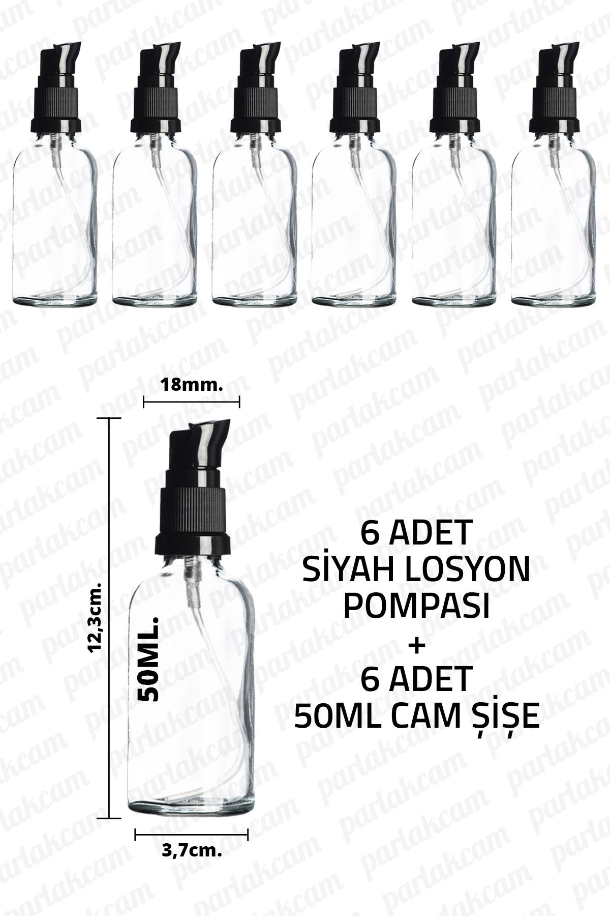 parlakcam 50ml Siyah Losyon Pompası Şeffaf Cam Şişe 50cc Siyah Krem Pompası Başlıklı Şeffaf Cam Şişe 6 Adet