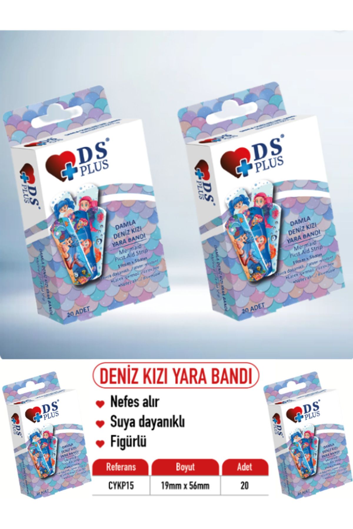 DS Sağlık Yara Bandı DENİZ KIZI Mermiad First AİD Strip 19mm x 56 mm 20 li