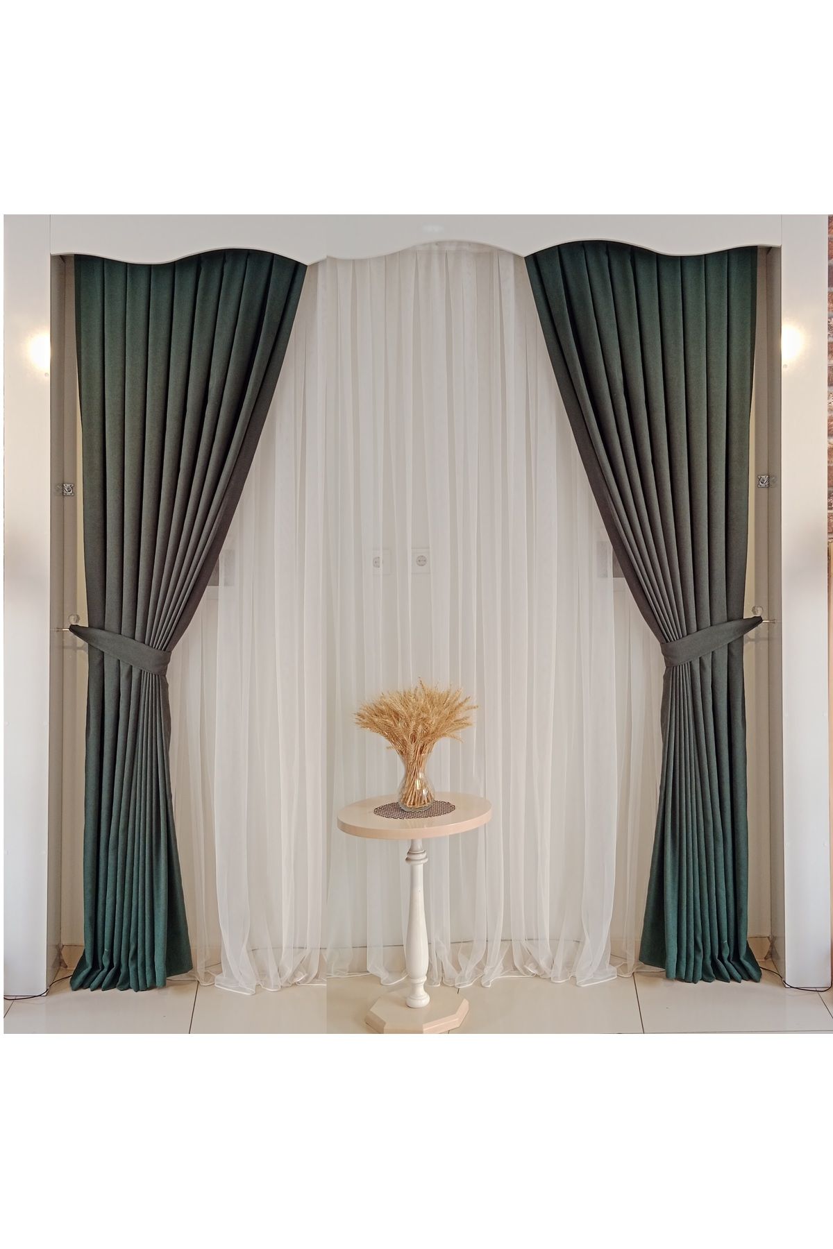 FİGENSİ-Green Velvet Curtain - Double Blades, 1/3 Close Pleated Planting V-20 2