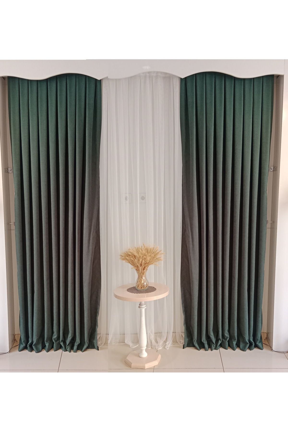 FİGENSİ-Green Velvet Curtain - Double Blades, 1/3 Close Pleated Planting V-20 4