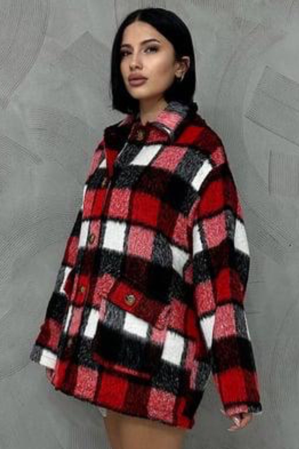 Ded COLLECTION-Jachetă de damă, cu modele în carouri, din material moale, căptușită supradimensionată 2