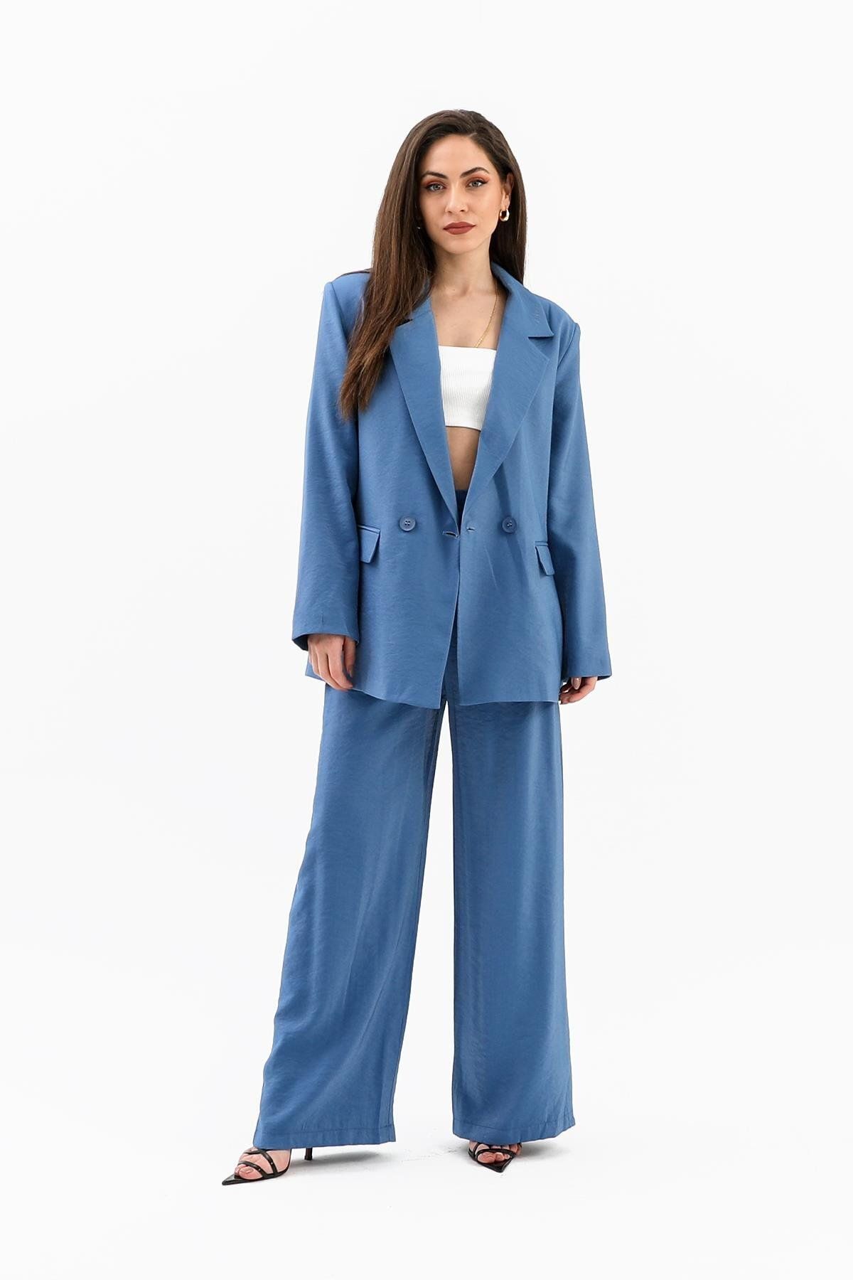 VAPUR TEKSTİL-Indigo - Shiny Linen Trousers with Pockets and Elastic Waist 4