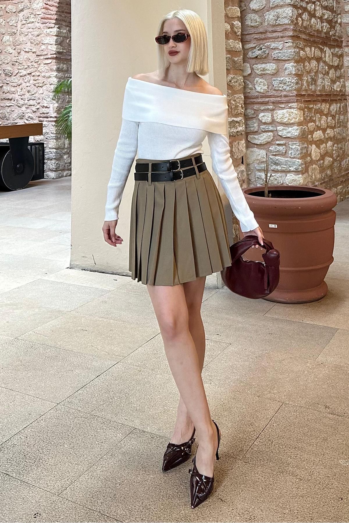 Madmext-Beige Pleated Two Belted Women's Skirt Mg2246 1