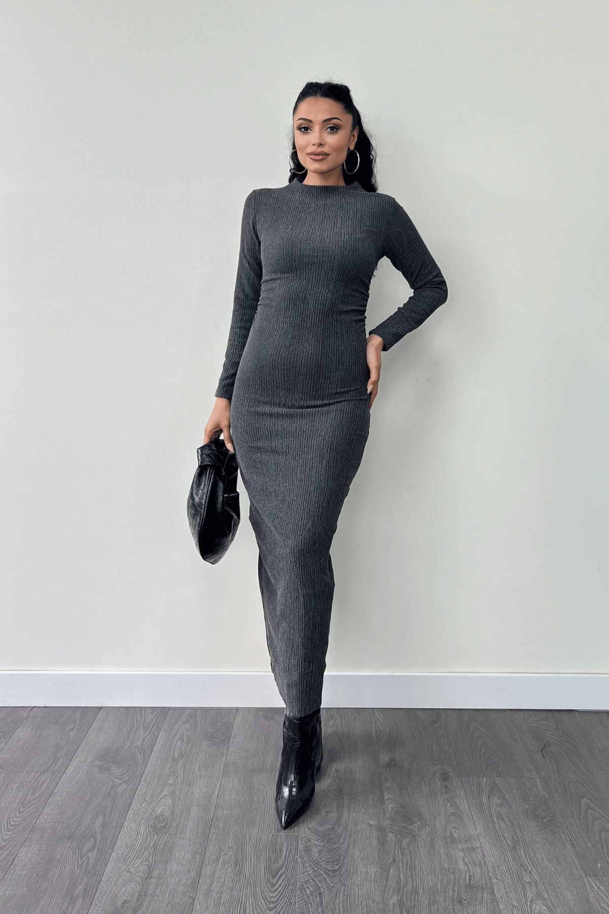 giyimmasalı Tricotaj Tesatura Tesuta Rochie Detaliata Snur - Gri Femeie - 38