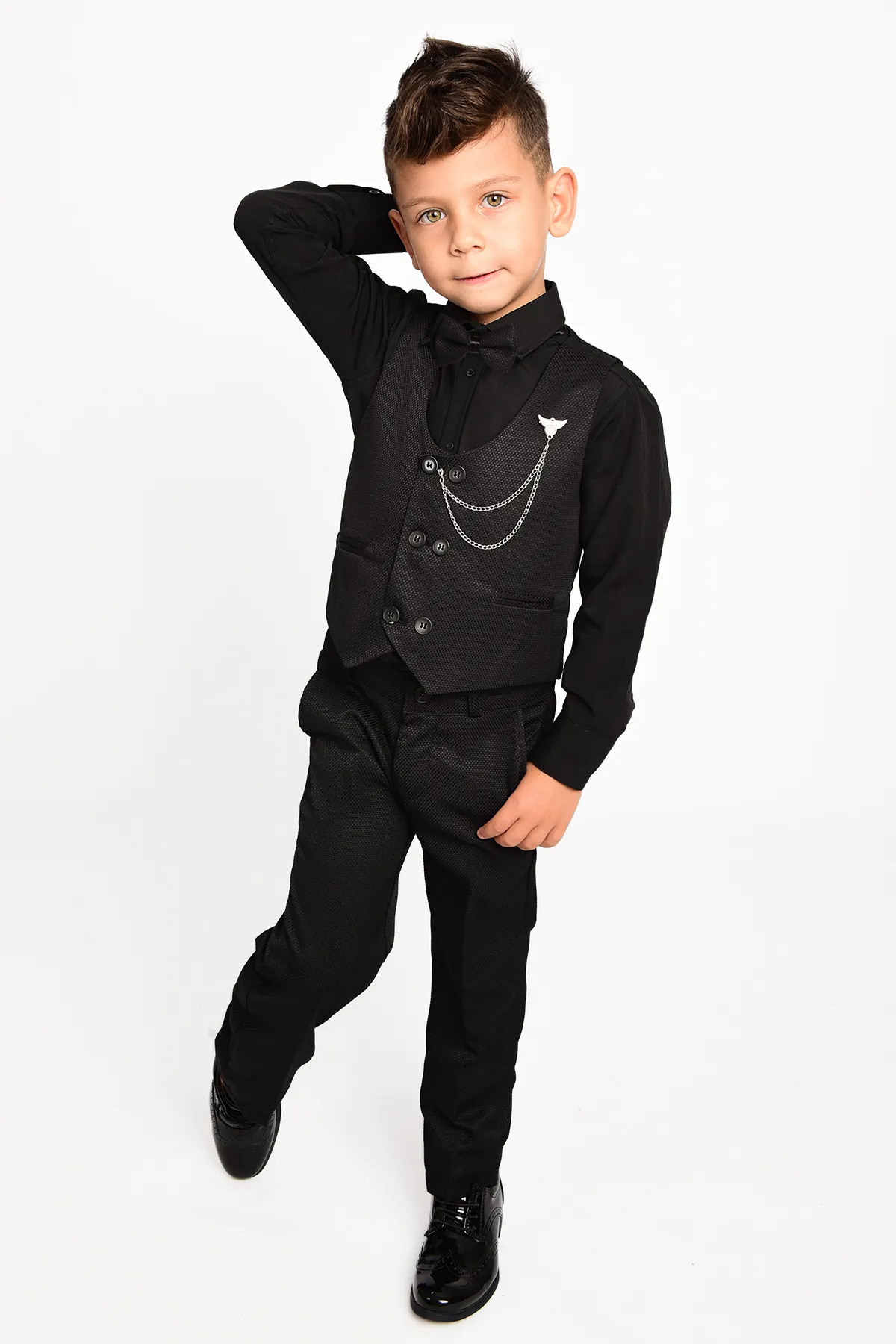 Boys Tuxedo Black Shirt Suit Vest Bow Tie