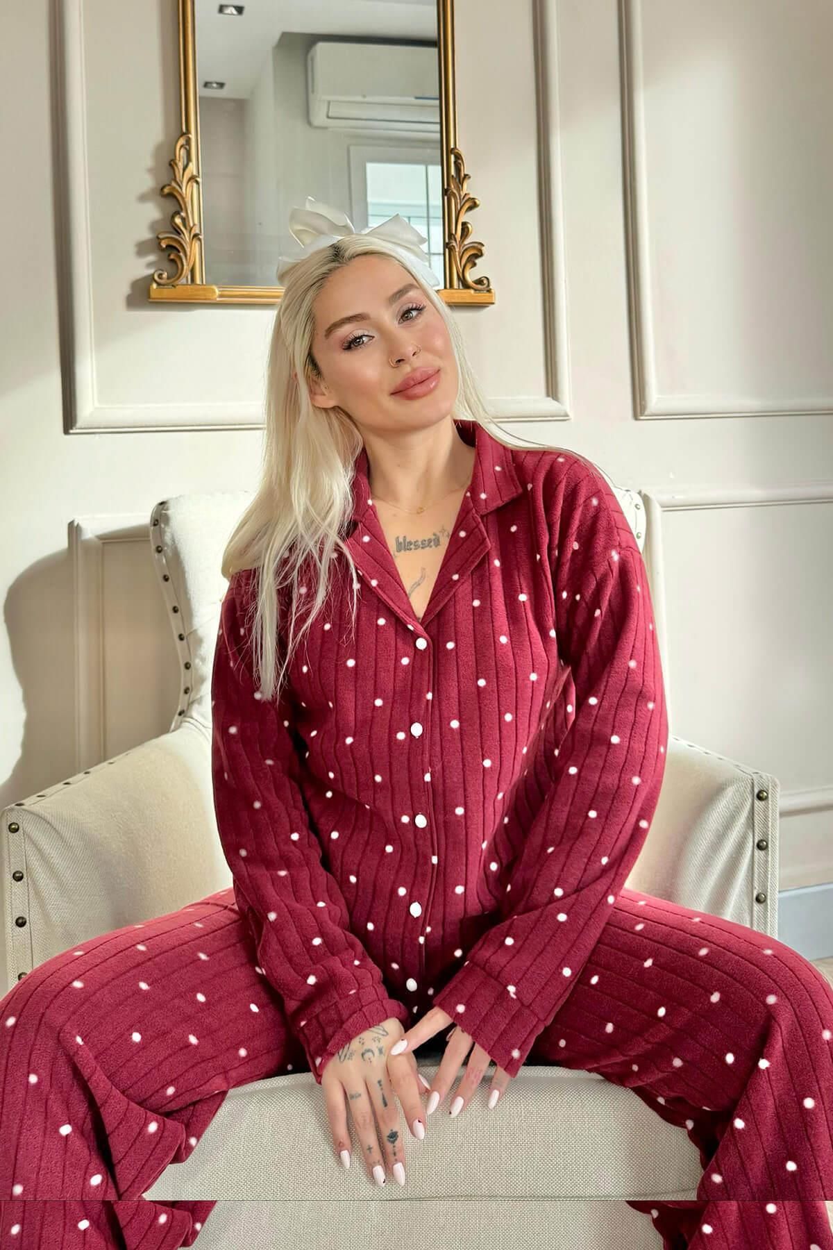 Pijamaevi-Claret Red Dotted Patterned Front Buttoned Plush Fleece Pajama Set 3