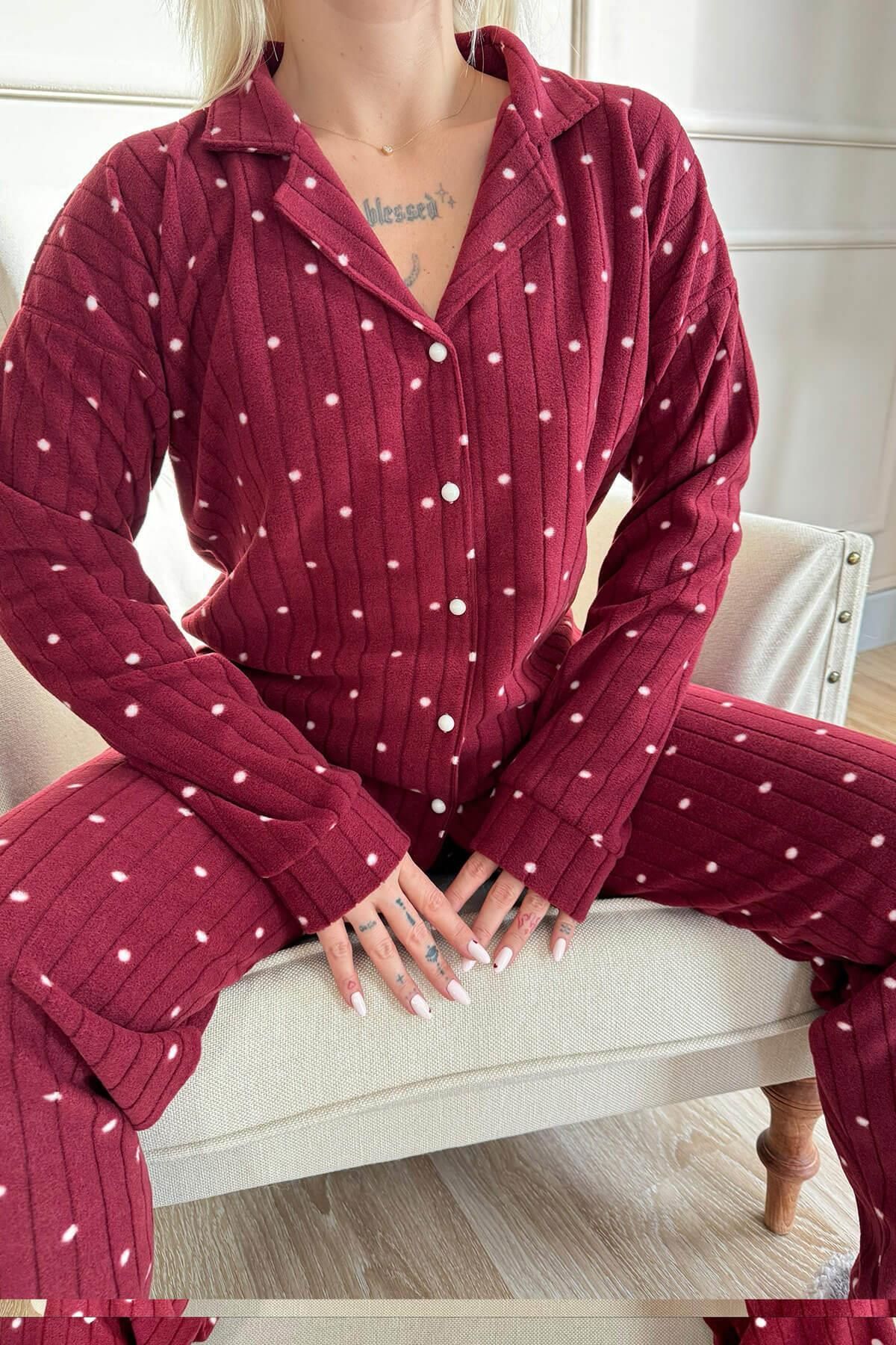 Pijamaevi-Claret Red Dotted Patterned Front Buttoned Plush Fleece Pajama Set 5