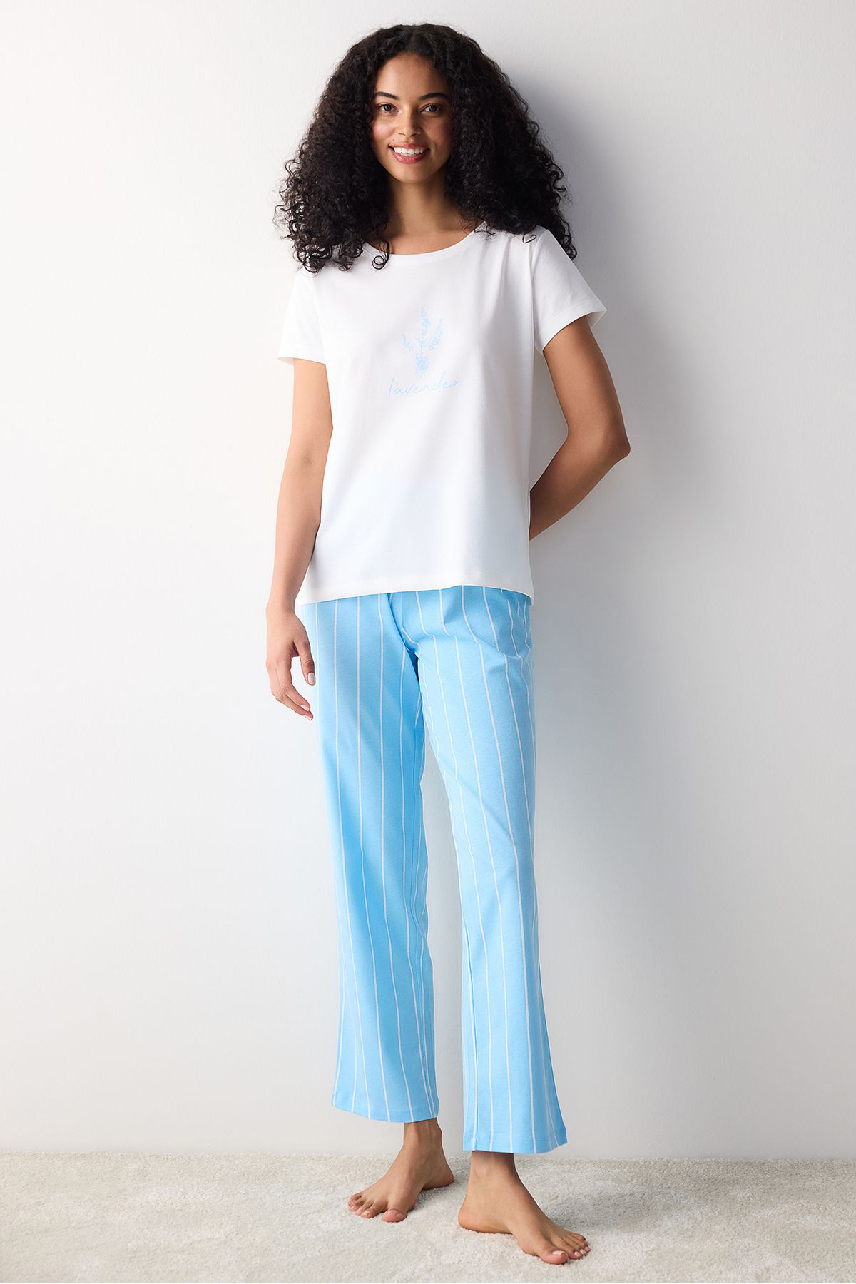 Penti-Set pijama pantaloni albaștri cu dungi de lavandă din bumbac 2