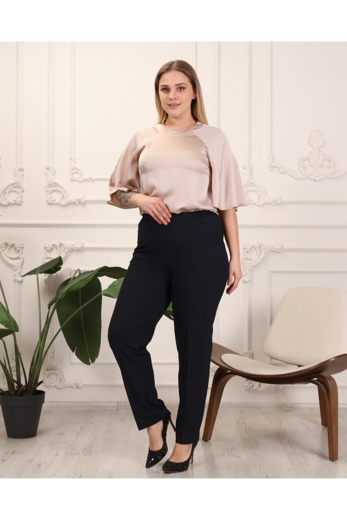 polle Gabardin Kumaş Lacivert Büyük Beden Yan Lastikli Pantolon