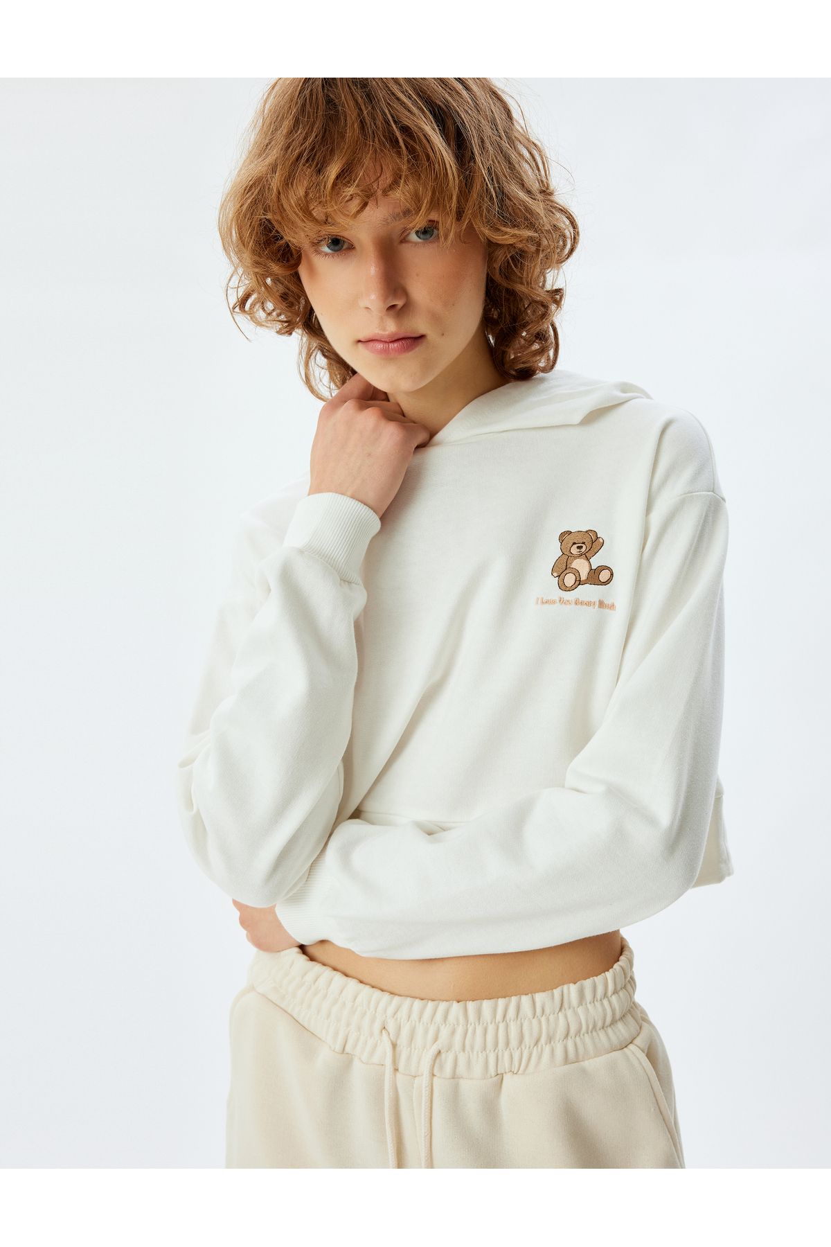 Koton-Cotton Crop Sweatshirt - Hooded and Teddy Bear Embroidered, Three Thread Pajamas Top 2