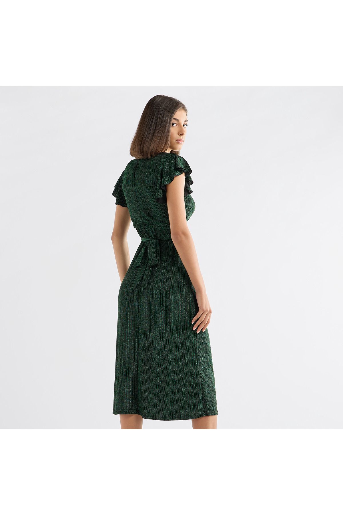FAV-Textured Midi Dress with Flutter Sleeves and Tie-Up Belt 3