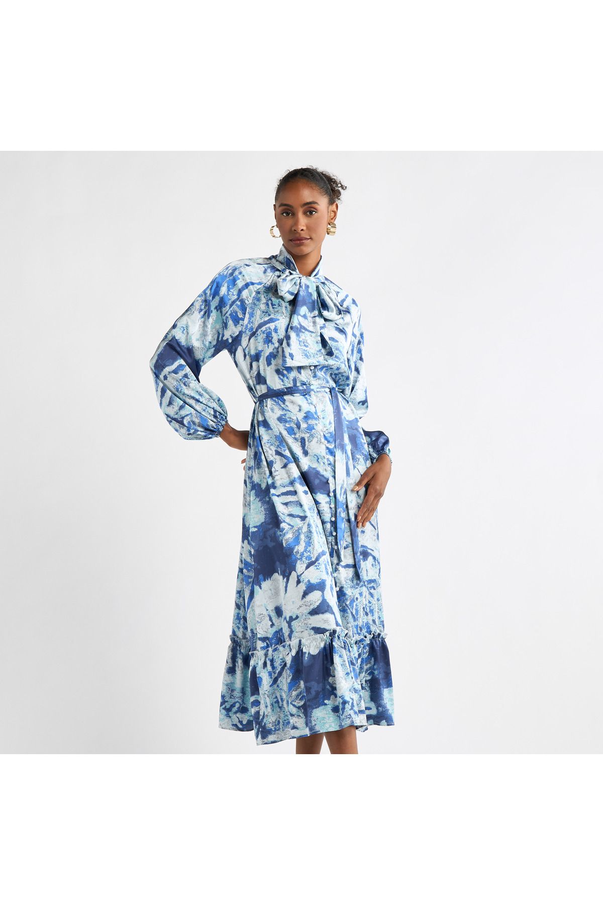 FAV-All-Over Print Shirt Dress with Long Sleeves and Flounce Hem 1