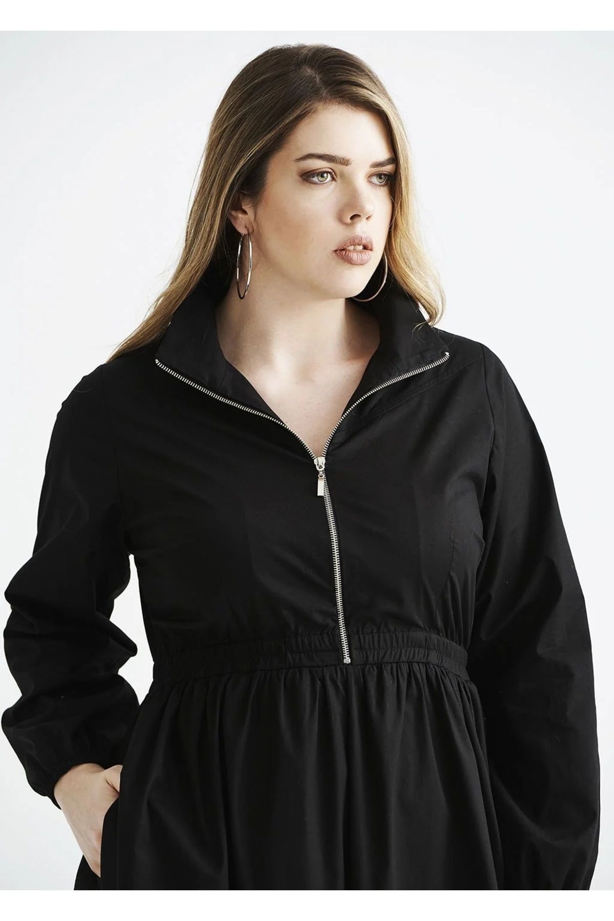 EVEN plus size-Black Long Sleeve Poplin Plus Size Dress 2