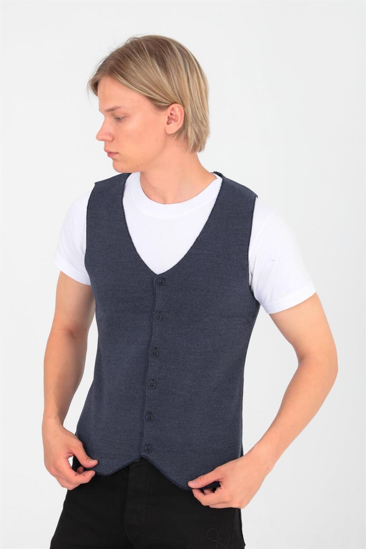 ELM WEAR-Buttoned Plain Pattern Knitwear Vest - Navy/Indigo 2